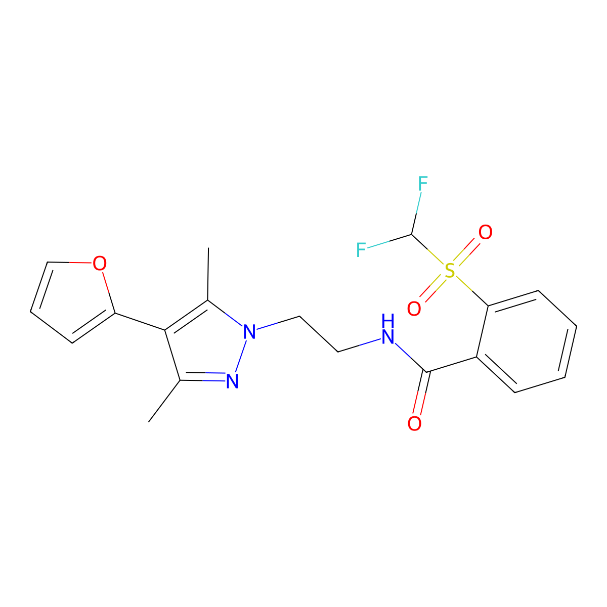 2-((difluoromethyl)sulfonyl)-N-(2-(4-(furan-2-yl)-3,5-dimethyl-1H-pyrazol-1-yl)ethyl)benzamide molecular structure, CAS 2034328-33-9