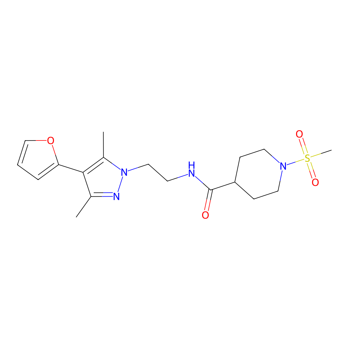 N-(2-(4-(furan-2-yl)-3,5-dimethyl-1H-pyrazol-1-yl)ethyl)-1-(methylsulfonyl)piperidine-4-carboxamide molecular structure, CAS 2034328-39-5