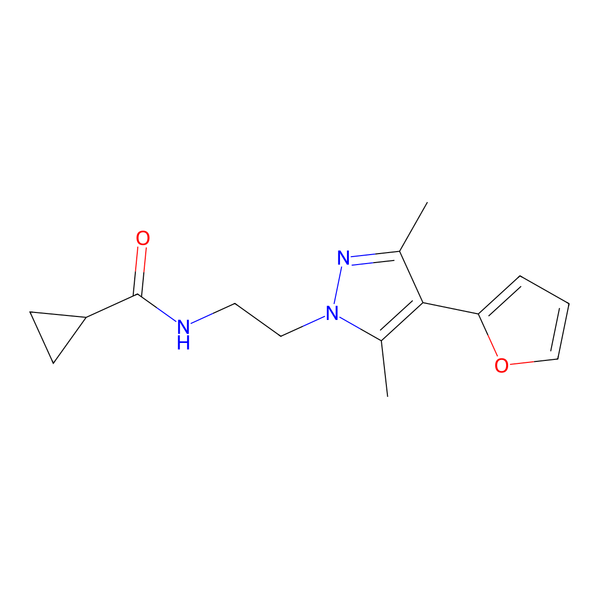 N-{2-[4-(furan-2-yl)-3,5-dimethyl-1H-pyrazol-1-yl]ethyl}cyclopropanecarboxamide molecular structure, CAS 2034328-44-2