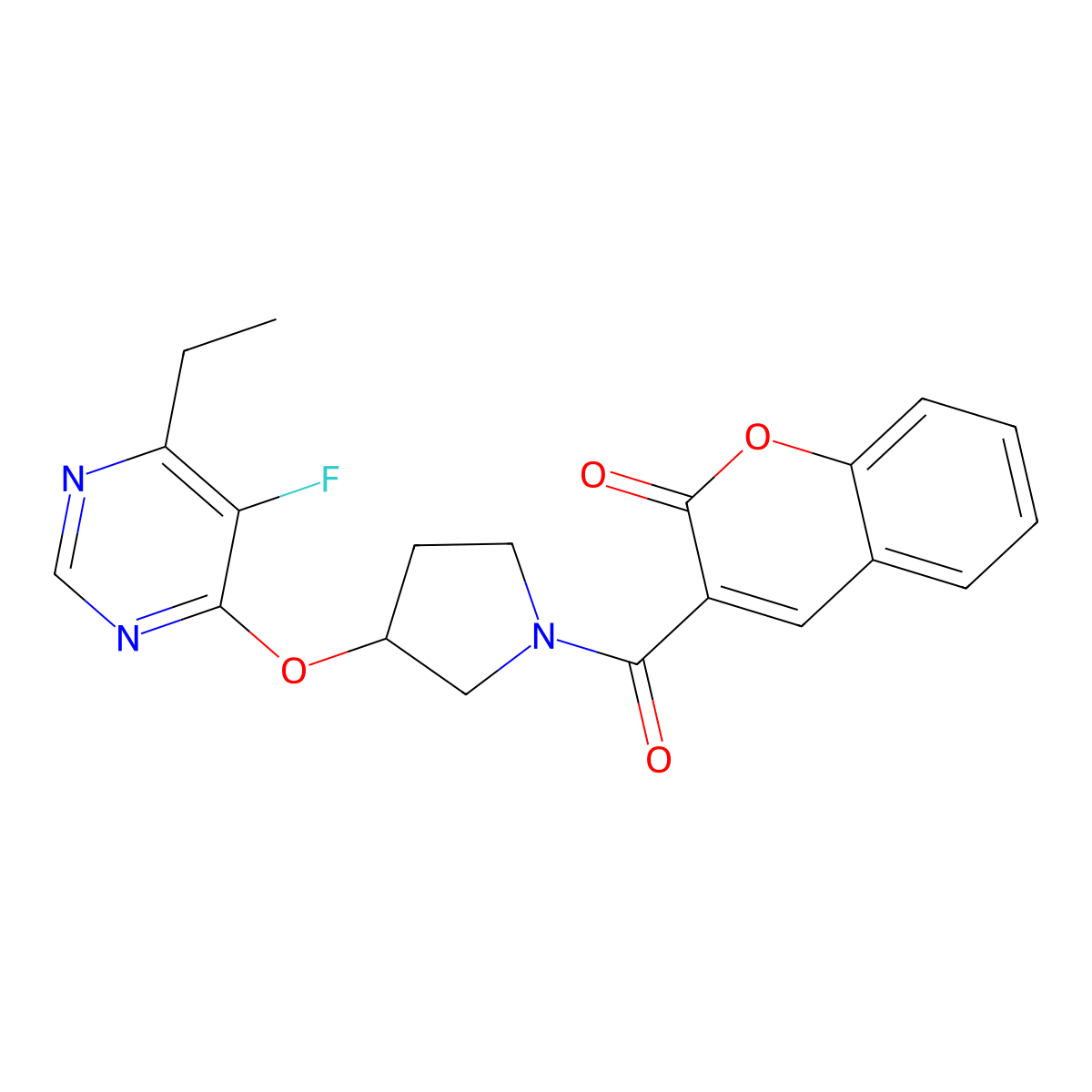 3-(3-((6-ethyl-5-fluoropyrimidin-4-yl)oxy)pyrrolidine-1-carbonyl)-2H-chromen-2-one molecular structure, CAS 2034328-47-5
