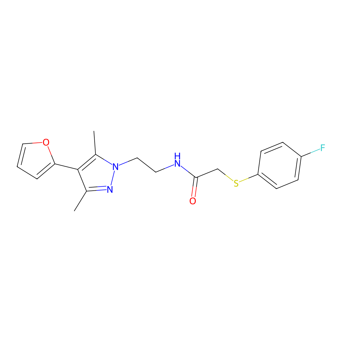 2-((4-fluorophenyl)thio)-N-(2-(4-(furan-2-yl)-3,5-dimethyl-1H-pyrazol-1-yl)ethyl)acetamide molecular structure, CAS 2034328-48-6