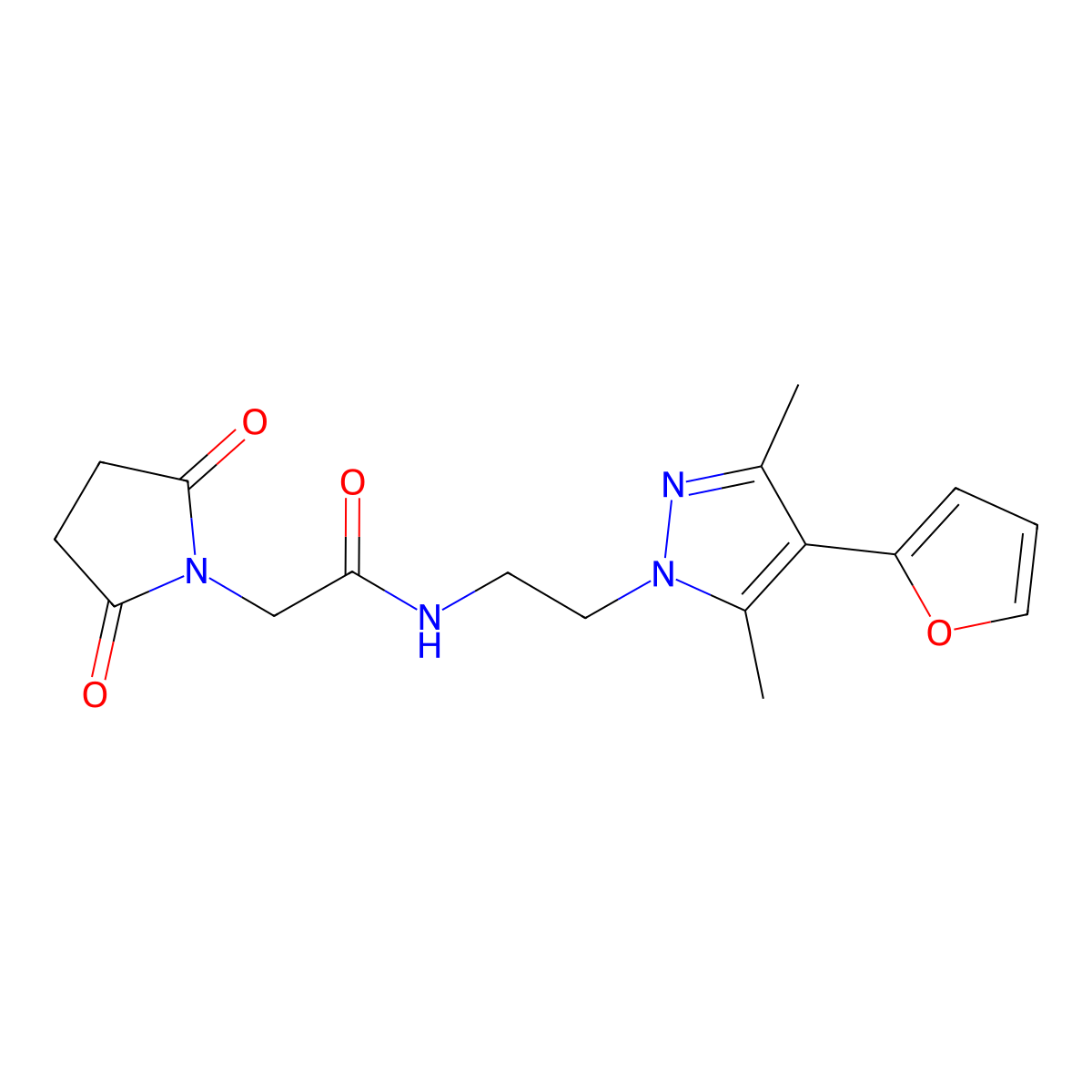 2-(2,5-dioxopyrrolidin-1-yl)-N-{2-[4-(furan-2-yl)-3,5-dimethyl-1H-pyrazol-1-yl]ethyl}acetamide molecular structure, CAS 2034328-51-1