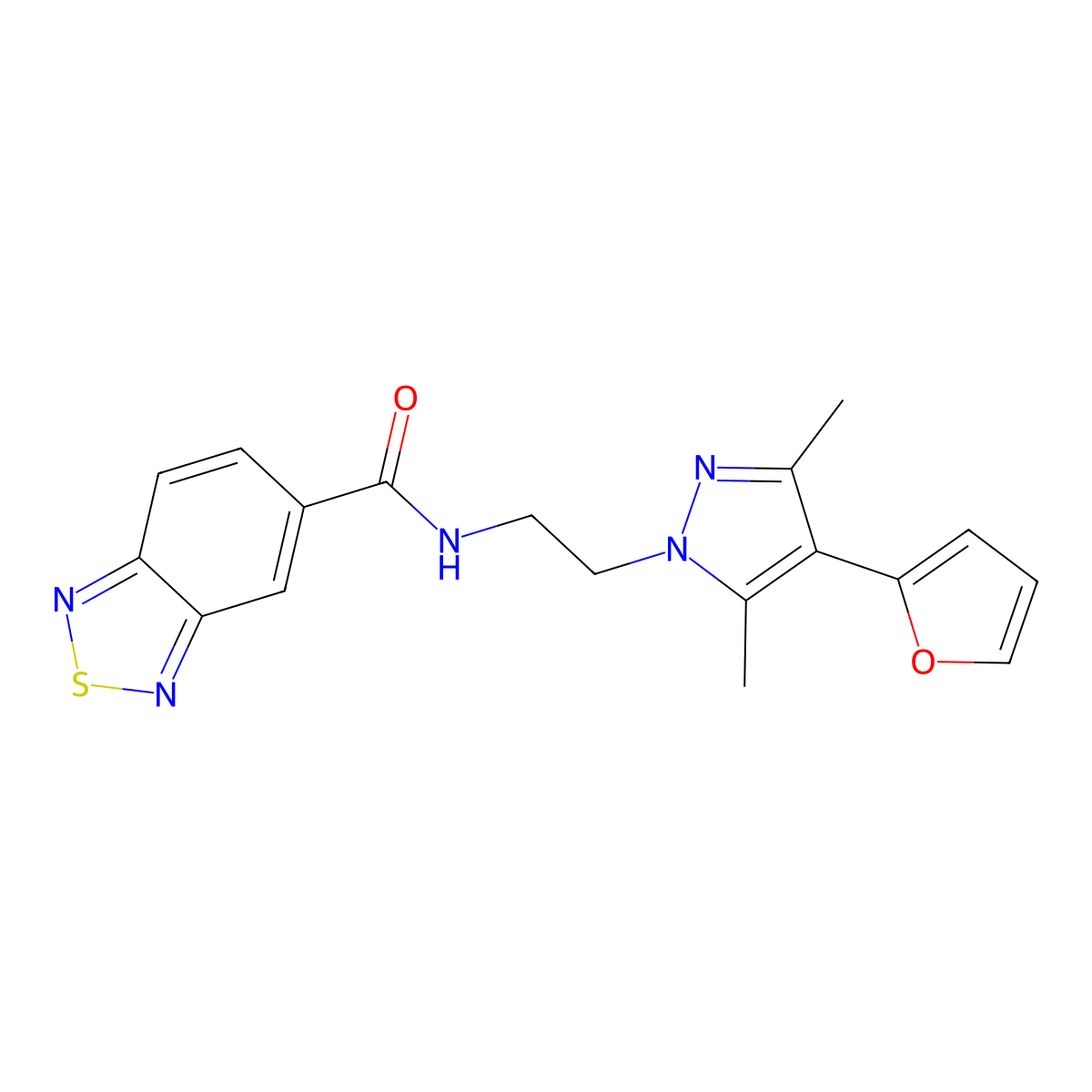 N-(2-(4-(furan-2-yl)-3,5-dimethyl-1H-pyrazol-1-yl)ethyl)benzo[c][1,2,5]thiadiazole-5-carboxamide molecular structure, CAS 2034328-56-6