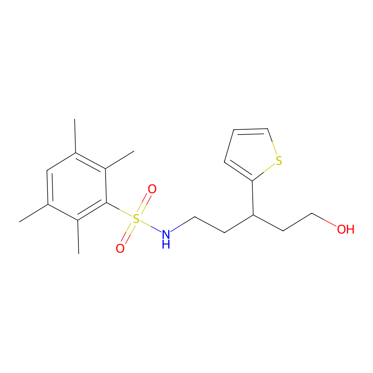 N-(5-hydroxy-3-(thiophen-2-yl)pentyl)-2,3,5,6-tetramethylbenzenesulfonamide molecular structure, CAS 2034328-62-4
