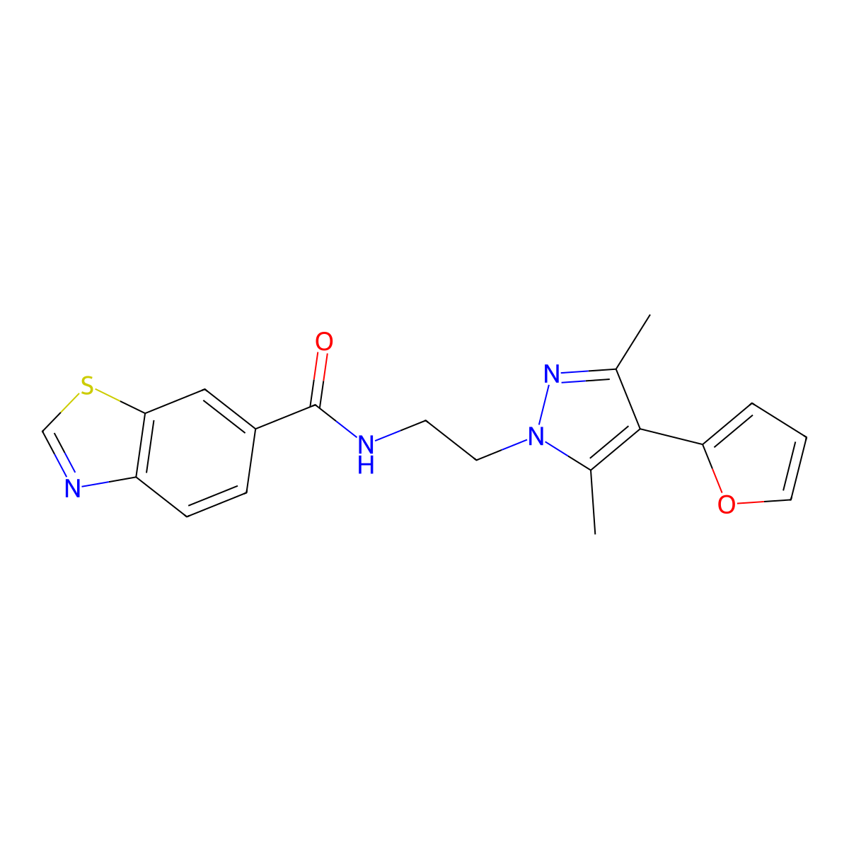 N-(2-(4-(furan-2-yl)-3,5-dimethyl-1H-pyrazol-1-yl)ethyl)benzo[d]thiazole-6-carboxamide molecular structure, CAS 2034328-68-0