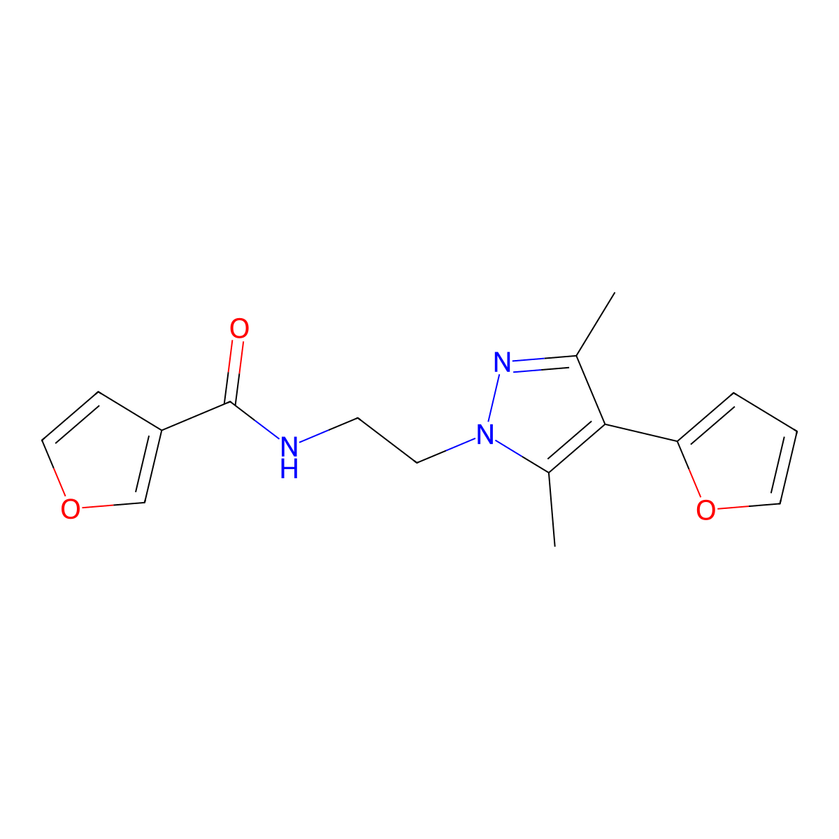 N-(2-(4-(furan-2-yl)-3,5-dimethyl-1H-pyrazol-1-yl)ethyl)furan-3-carboxamide molecular structure, CAS 2034328-74-8