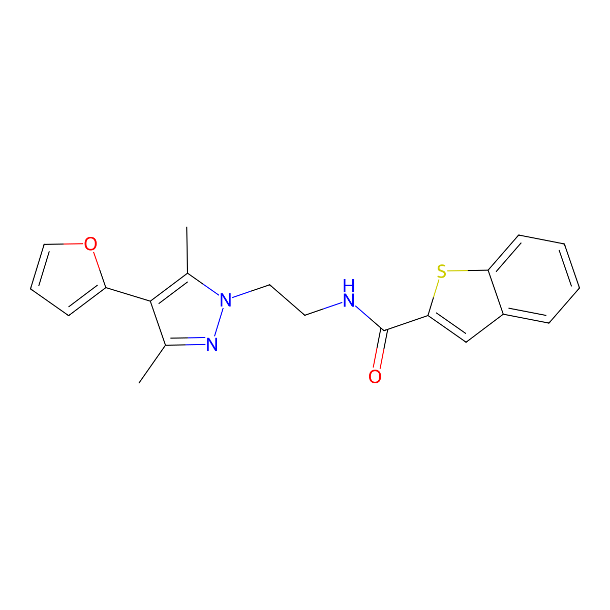 N-(2-(4-(furan-2-yl)-3,5-dimethyl-1H-pyrazol-1-yl)ethyl)benzo[b]thiophene-2-carboxamide molecular structure, CAS 2034328-78-2