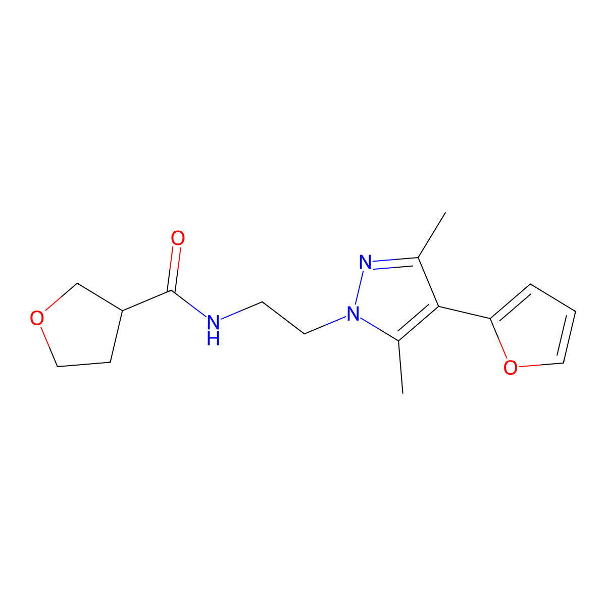 N-(2-(4-(furan-2-yl)-3,5-dimethyl-1H-pyrazol-1-yl)ethyl)tetrahydrofuran-3-carboxamide molecular structure, CAS 2034328-84-0