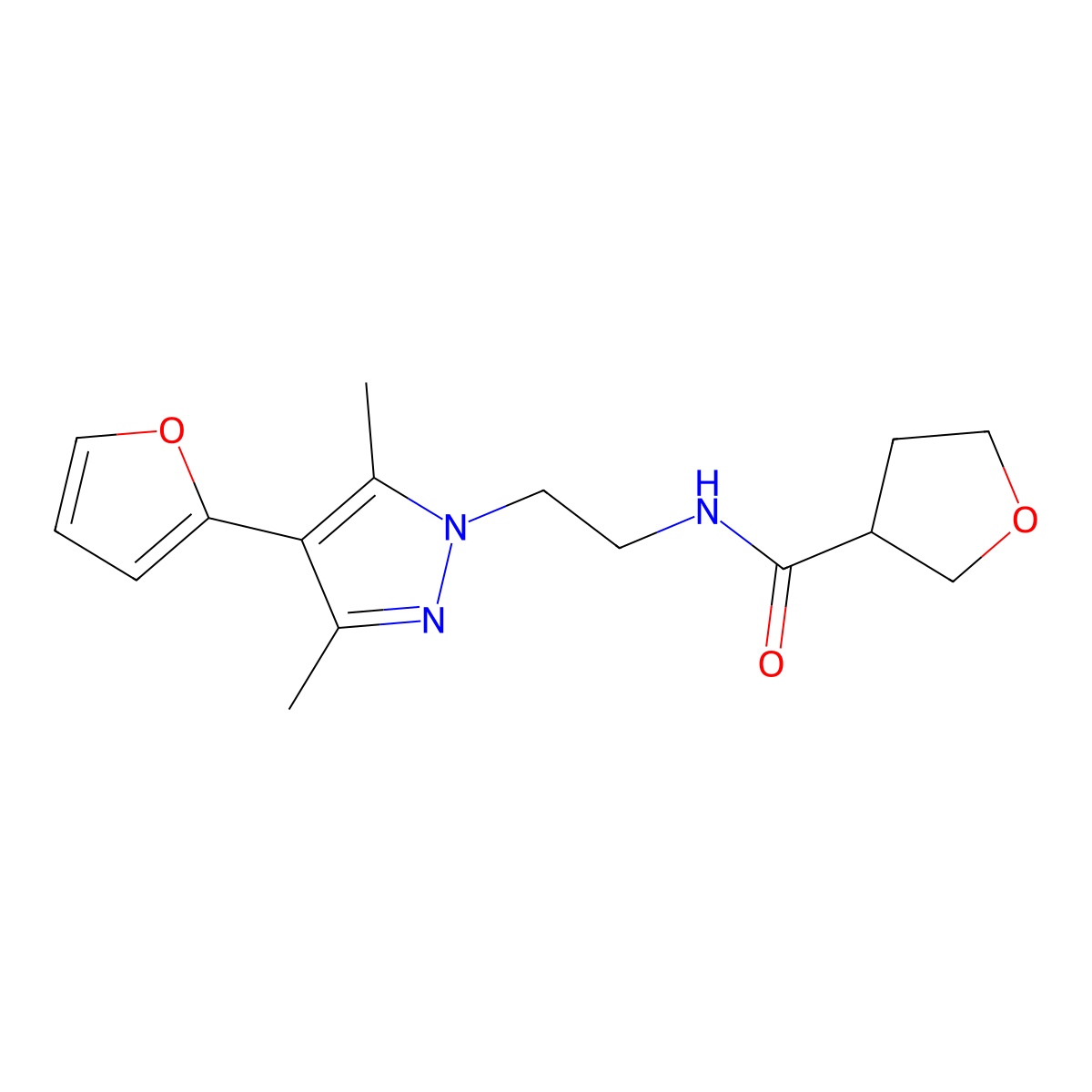 N-(2-(4-(furan-2-yl)-3,5-dimethyl-1H-pyrazol-1-yl)ethyl)tetrahydrofuran-3-carboxamide molecular structure, CAS 2034328-84-0