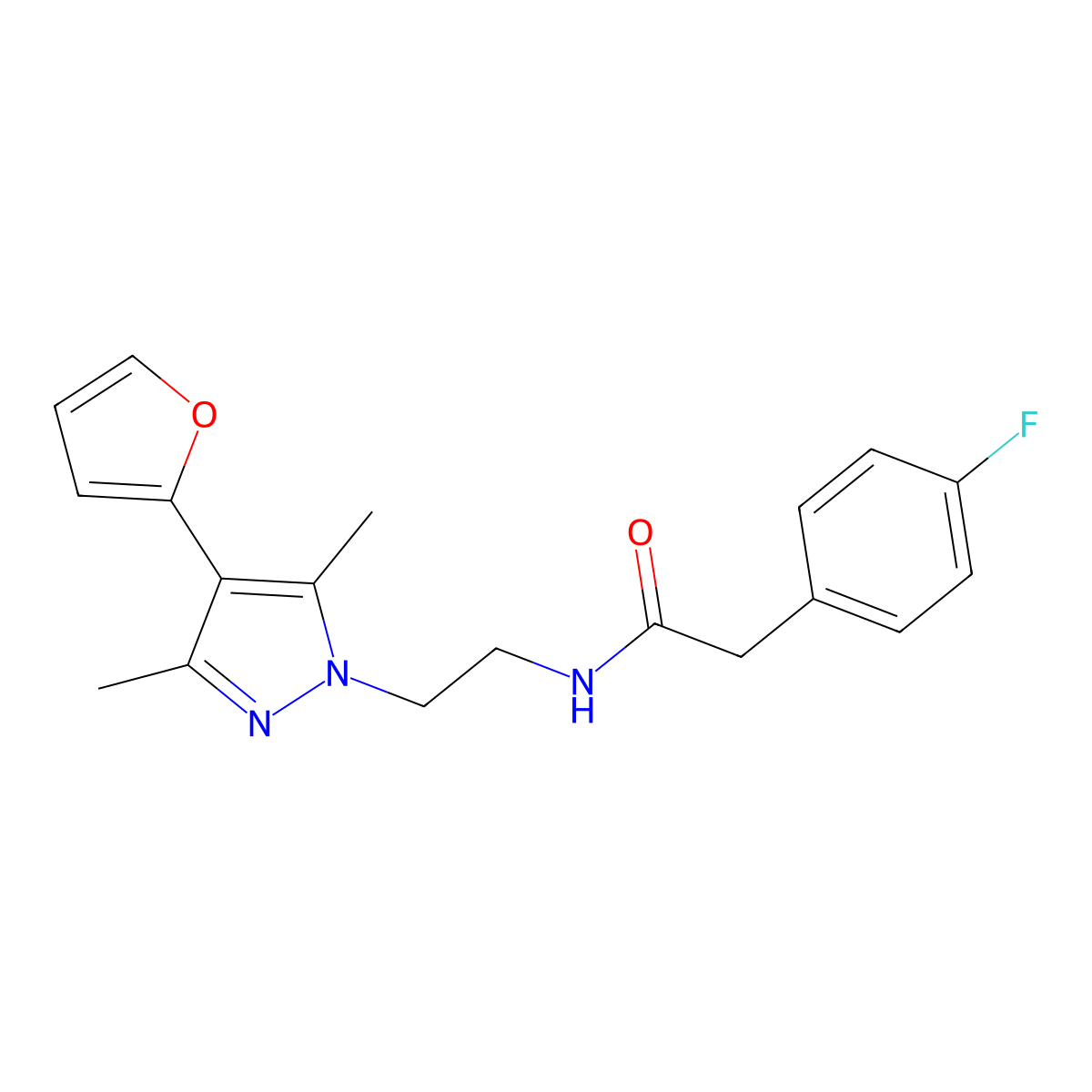 2-(4-fluorophenyl)-N-{2-[4-(furan-2-yl)-3,5-dimethyl-1H-pyrazol-1-yl]ethyl}acetamide molecular structure, CAS 2034328-92-0