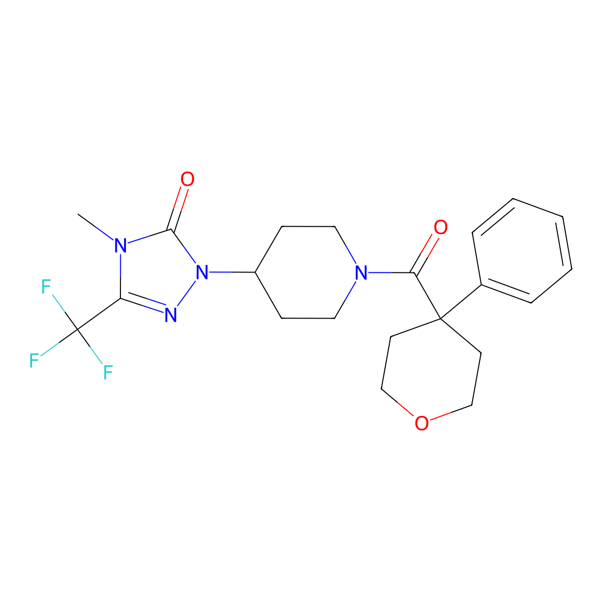 4-methyl-1-(1-(4-phenyltetrahydro-2H-pyran-4-carbonyl)piperidin-4-yl)-3-(trifluoromethyl)-1H-1,2,4-triazol-5(4H)-one molecular structure, CAS 2034328-94-2