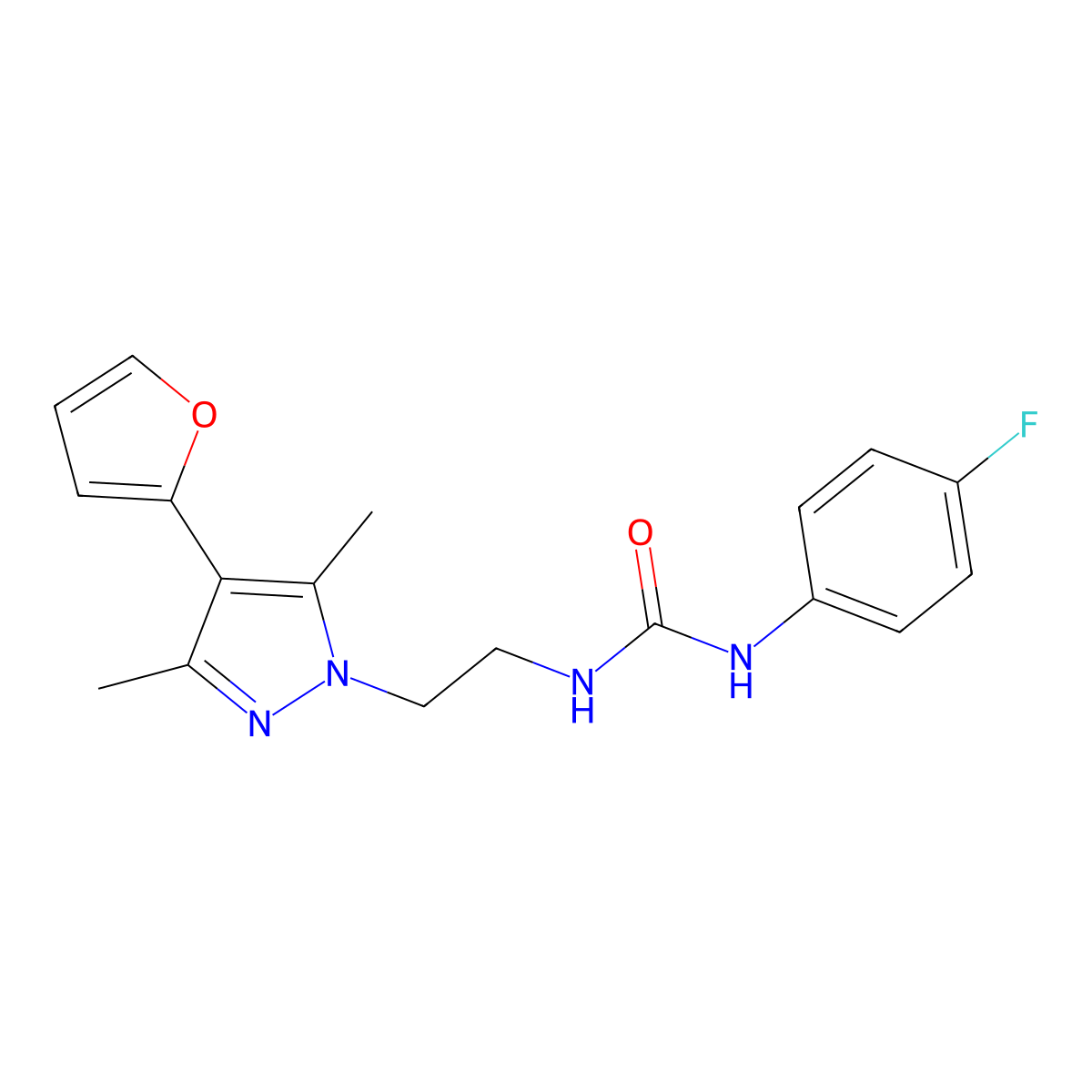 1-(4-fluorophenyl)-3-{2-[4-(furan-2-yl)-3,5-dimethyl-1H-pyrazol-1-yl]ethyl}urea molecular structure, CAS 2034328-98-6