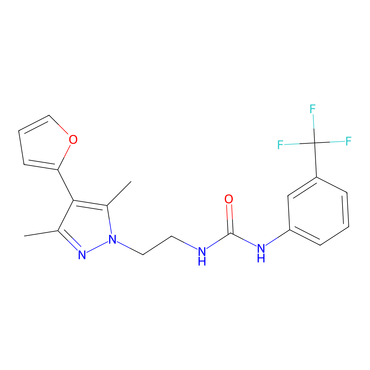 1-(2-(4-(furan-2-yl)-3,5-dimethyl-1H-pyrazol-1-yl)ethyl)-3-(3-(trifluoromethyl)phenyl)urea molecular structure, CAS 2034329-00-3