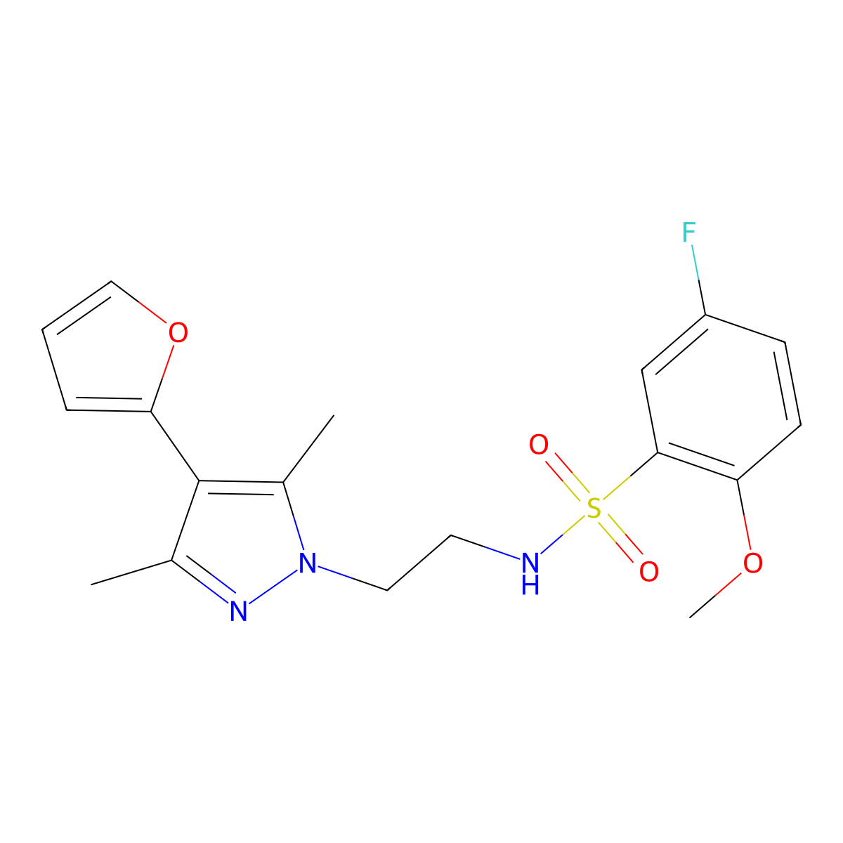 5-fluoro-N-(2-(4-(furan-2-yl)-3,5-dimethyl-1H-pyrazol-1-yl)ethyl)-2-methoxybenzenesulfonamide molecular structure, CAS 2034329-07-0