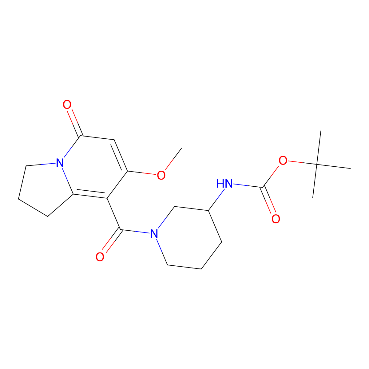 Tert-butyl (1-(7-methoxy-5-oxo-1,2,3,5-tetrahydroindolizine-8-carbonyl)piperidin-3-yl)carbamate molecular structure, CAS 2034329-08-1