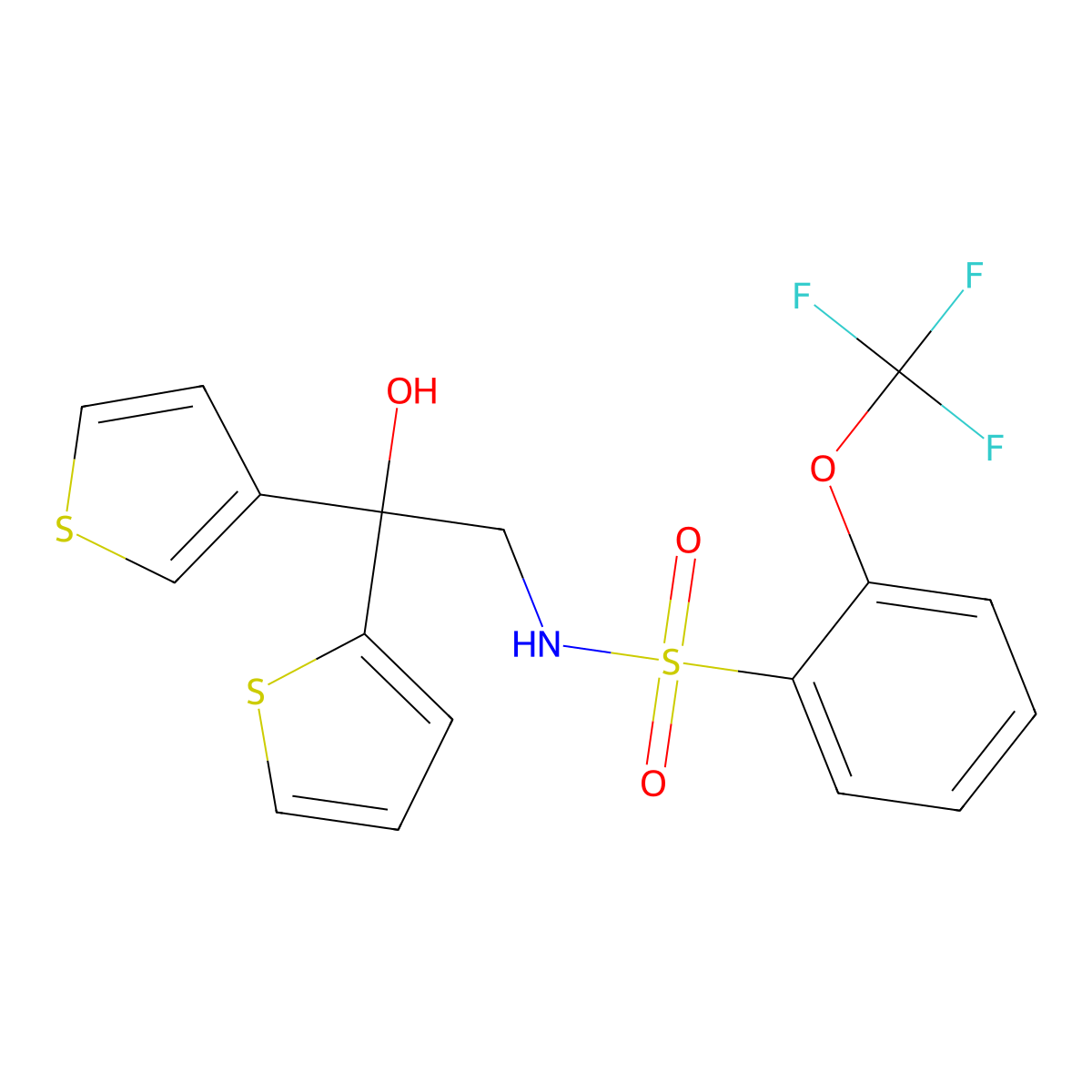 N-(2-hydroxy-2-(thiophen-2-yl)-2-(thiophen-3-yl)ethyl)-2-(trifluoromethoxy)benzenesulfonamide molecular structure, CAS 2034329-13-8