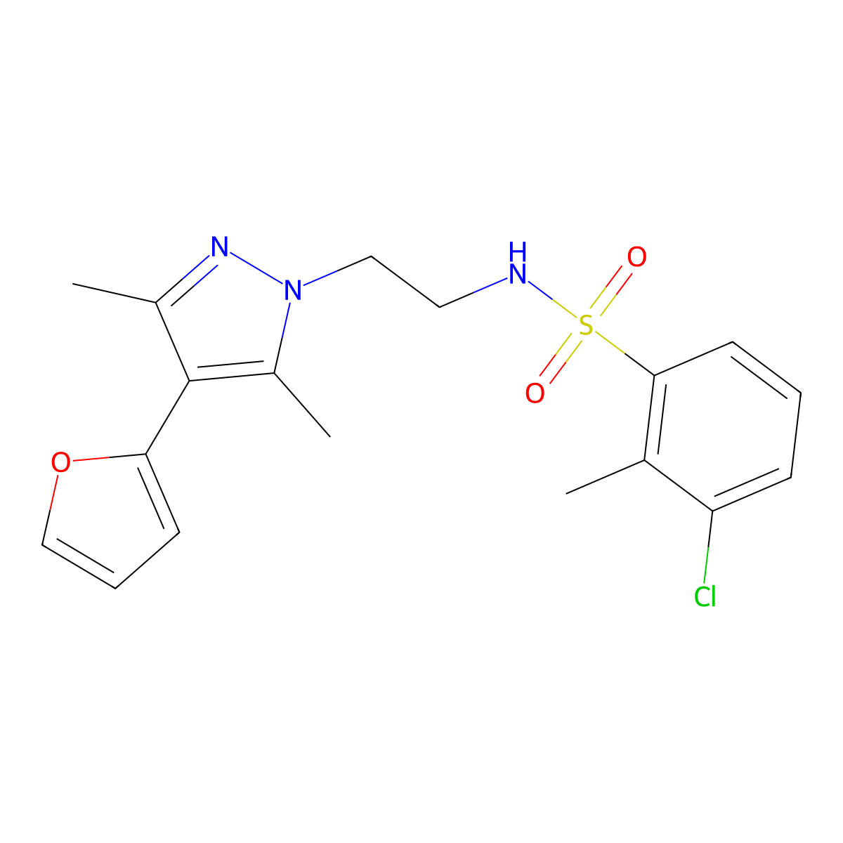 3-chloro-N-(2-(4-(furan-2-yl)-3,5-dimethyl-1H-pyrazol-1-yl)ethyl)-2-methylbenzenesulfonamide molecular structure, CAS 2034329-14-9
