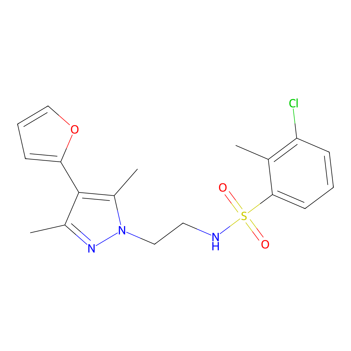 3-chloro-N-(2-(4-(furan-2-yl)-3,5-dimethyl-1H-pyrazol-1-yl)ethyl)-2-methylbenzenesulfonamide molecular structure, CAS 2034329-14-9