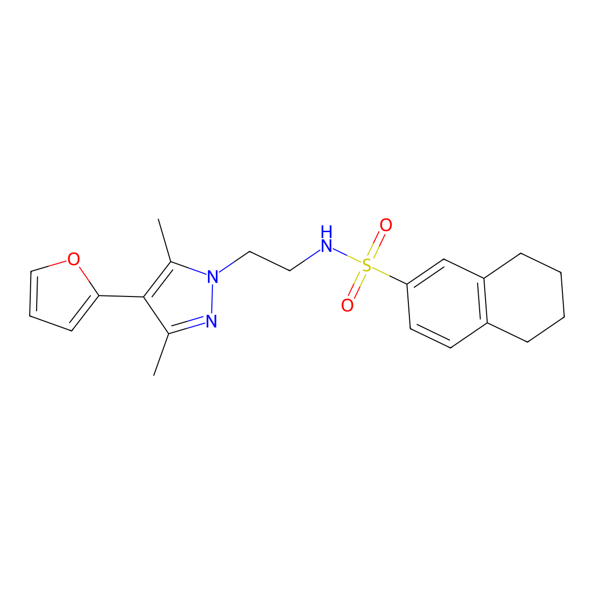 N-(2-(4-(furan-2-yl)-3,5-dimethyl-1H-pyrazol-1-yl)ethyl)-5,6,7,8-tetrahydronaphthalene-2-sulfonamide molecular structure, CAS 2034329-21-8
