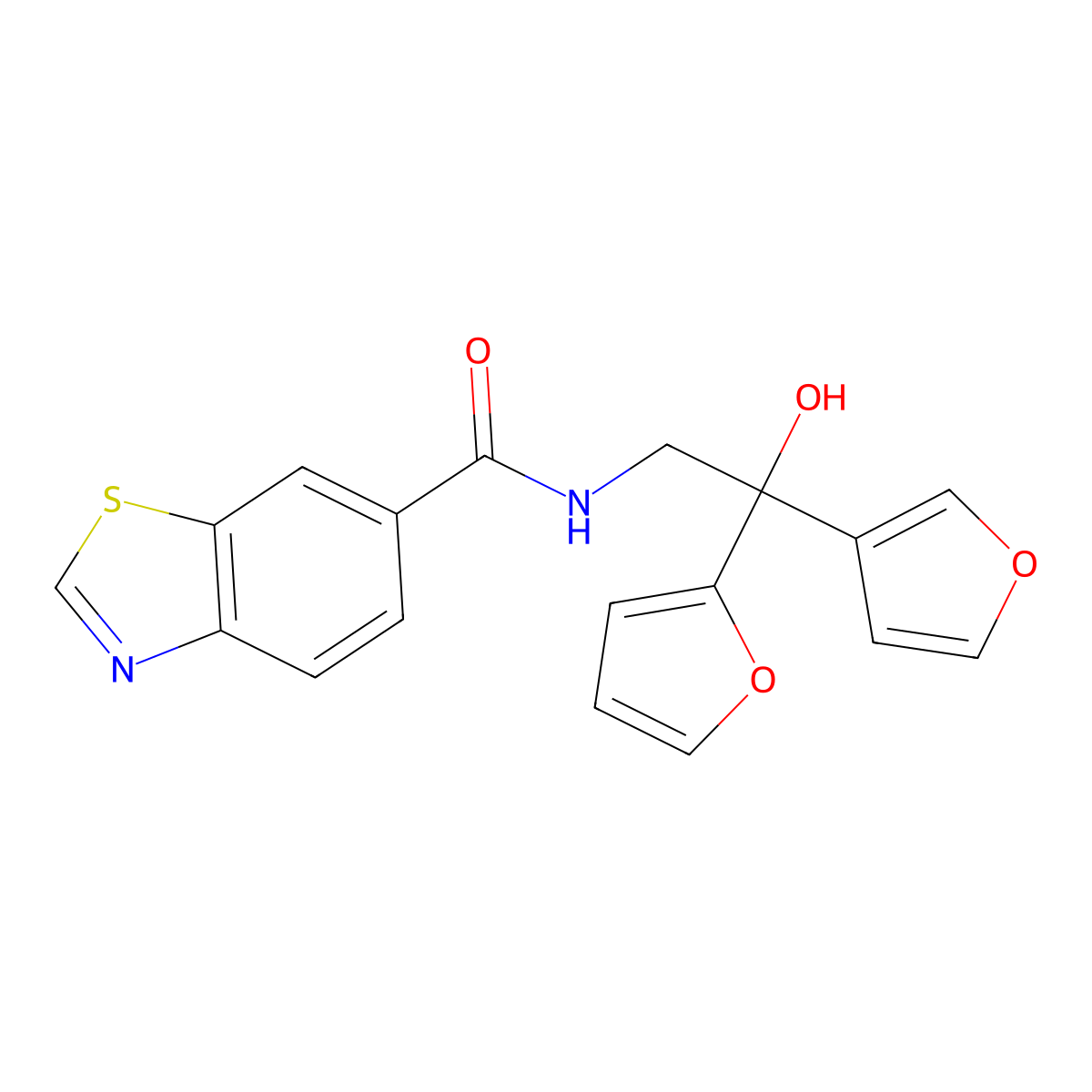 N-(2-(furan-2-yl)-2-(furan-3-yl)-2-hydroxyethyl)benzo[d]thiazole-6-carboxamide molecular structure, CAS 2034329-26-3