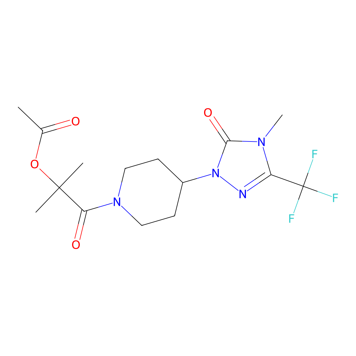2-methyl-1-(4-(4-methyl-5-oxo-3-(trifluoromethyl)-4,5-dihydro-1H-1,2,4-triazol-1-yl)piperidin-1-yl)-1-oxopropan-2-yl acetate molecular structure, CAS 2034329-28-5