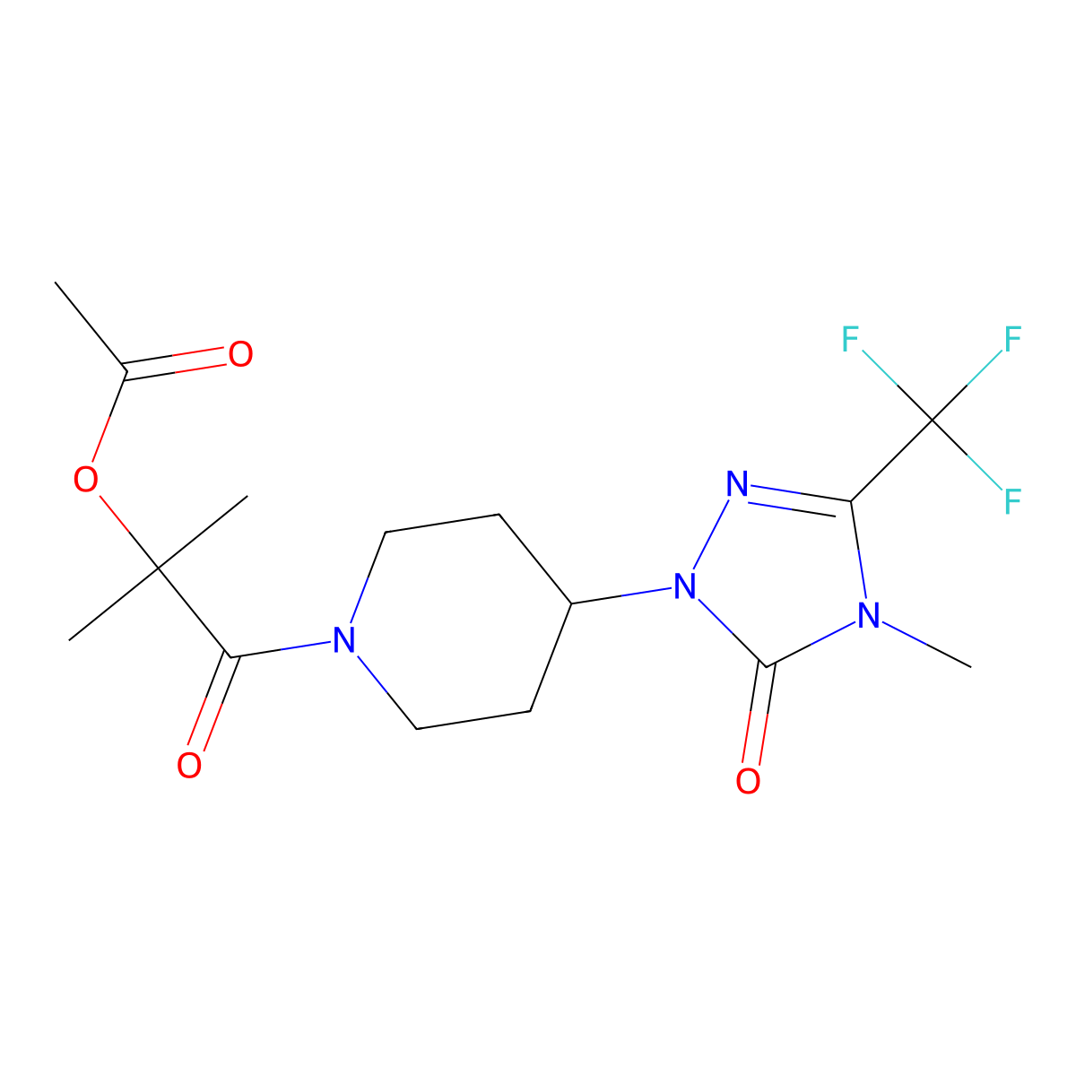 2-methyl-1-(4-(4-methyl-5-oxo-3-(trifluoromethyl)-4,5-dihydro-1H-1,2,4-triazol-1-yl)piperidin-1-yl)-1-oxopropan-2-yl acetate molecular structure, CAS 2034329-28-5