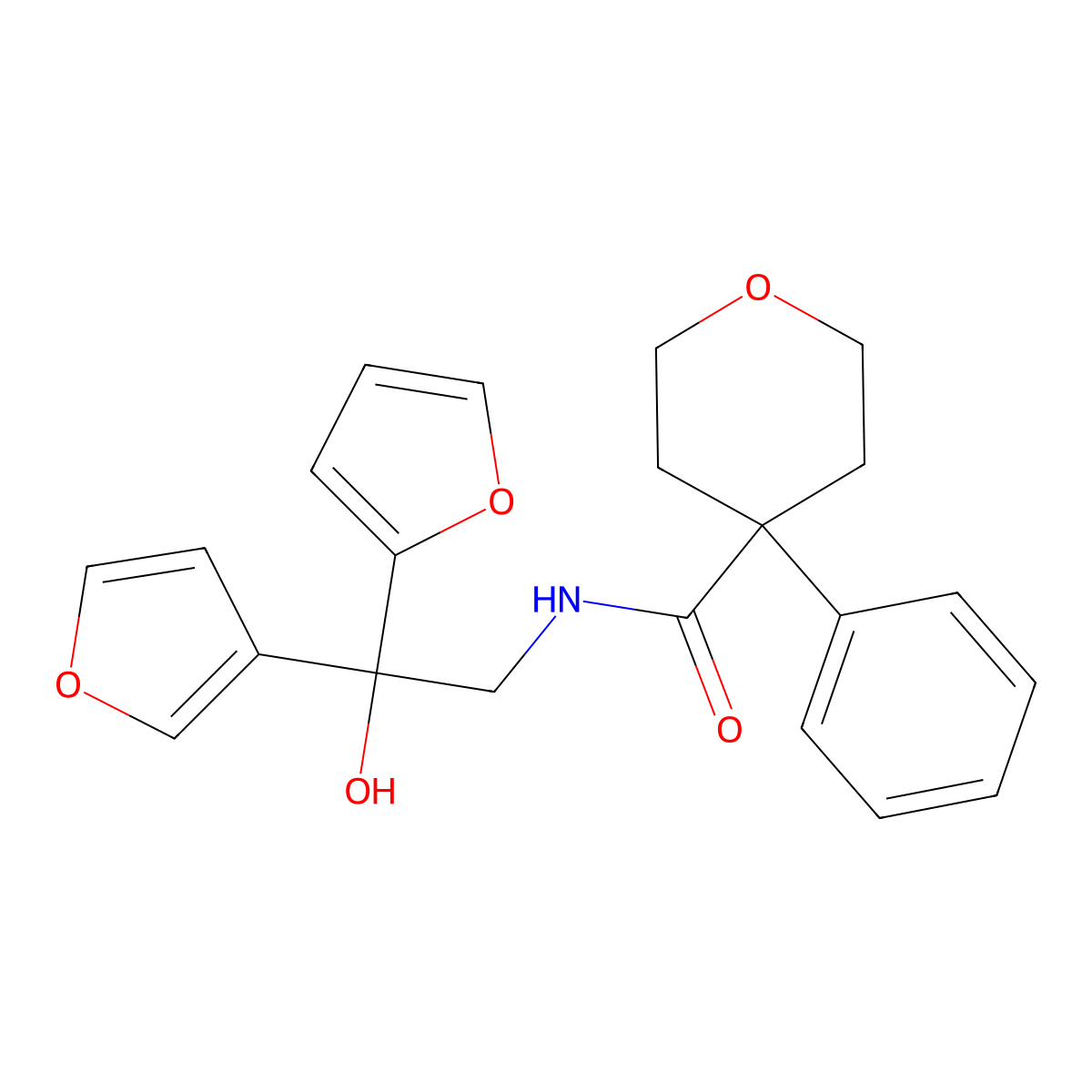 N-[2-(furan-2-yl)-2-(furan-3-yl)-2-hydroxyethyl]-4-phenyloxane-4-carboxamide molecular structure, CAS 2034329-32-1