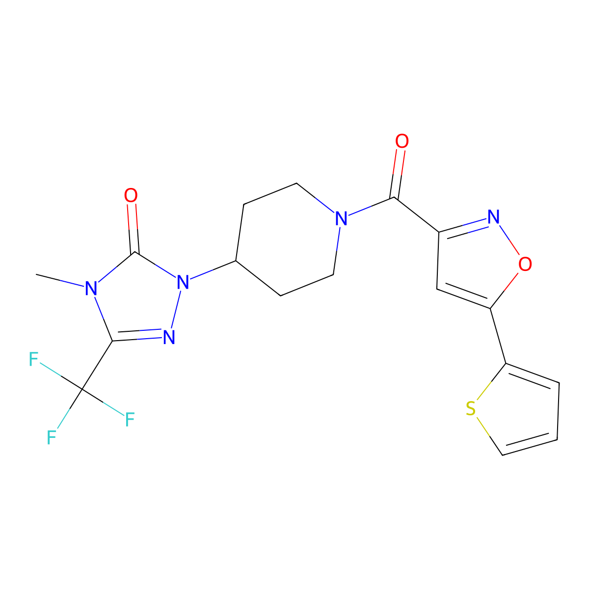 4-methyl-1-(1-(5-(thiophen-2-yl)isoxazole-3-carbonyl)piperidin-4-yl)-3-(trifluoromethyl)-1H-1,2,4-triazol-5(4H)-one molecular structure, CAS 2034329-43-4
