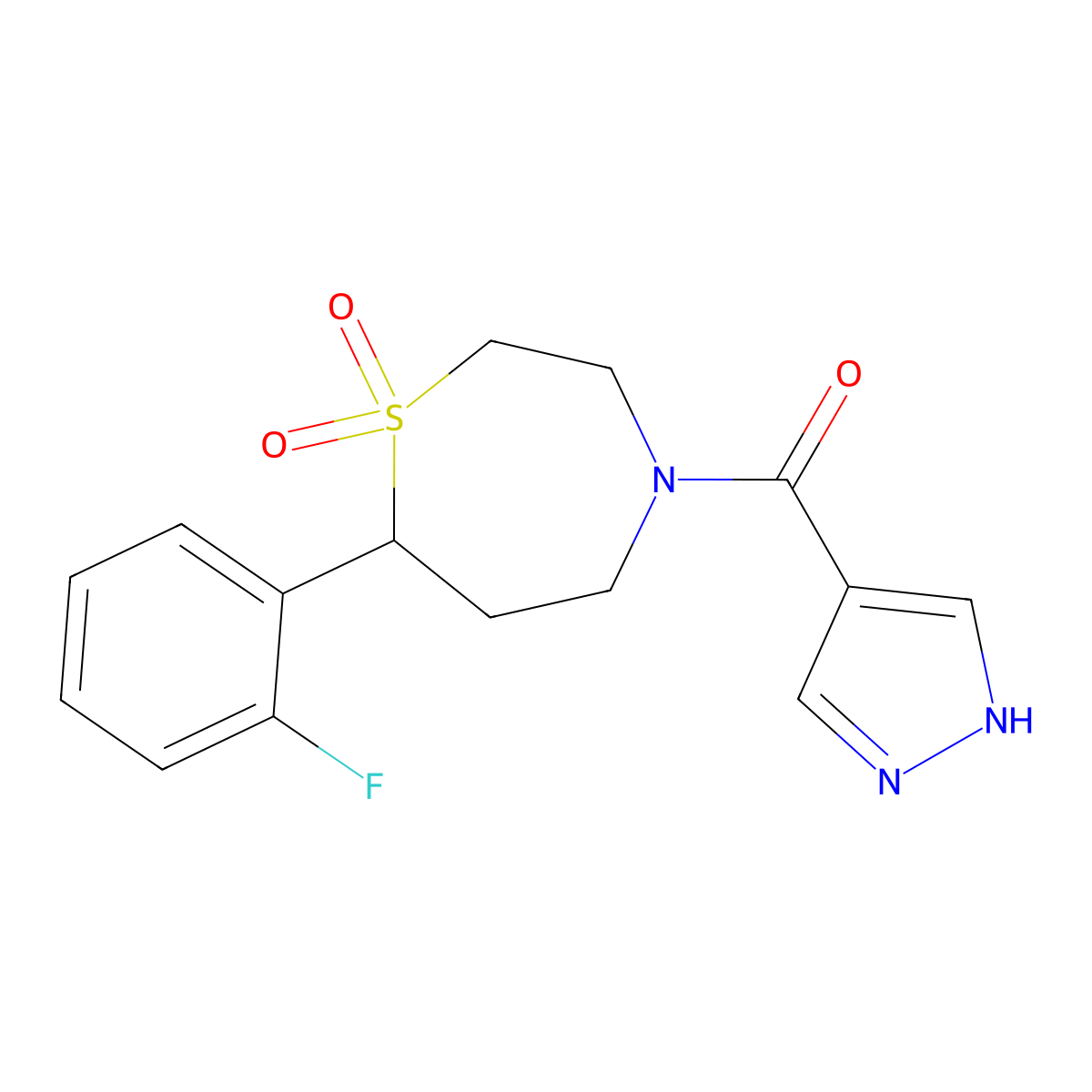 (7-(2-fluorophenyl)-1,1-dioxido-1,4-thiazepan-4-yl)(1H-pyrazol-4-yl)methanone molecular structure, CAS 2034329-49-0