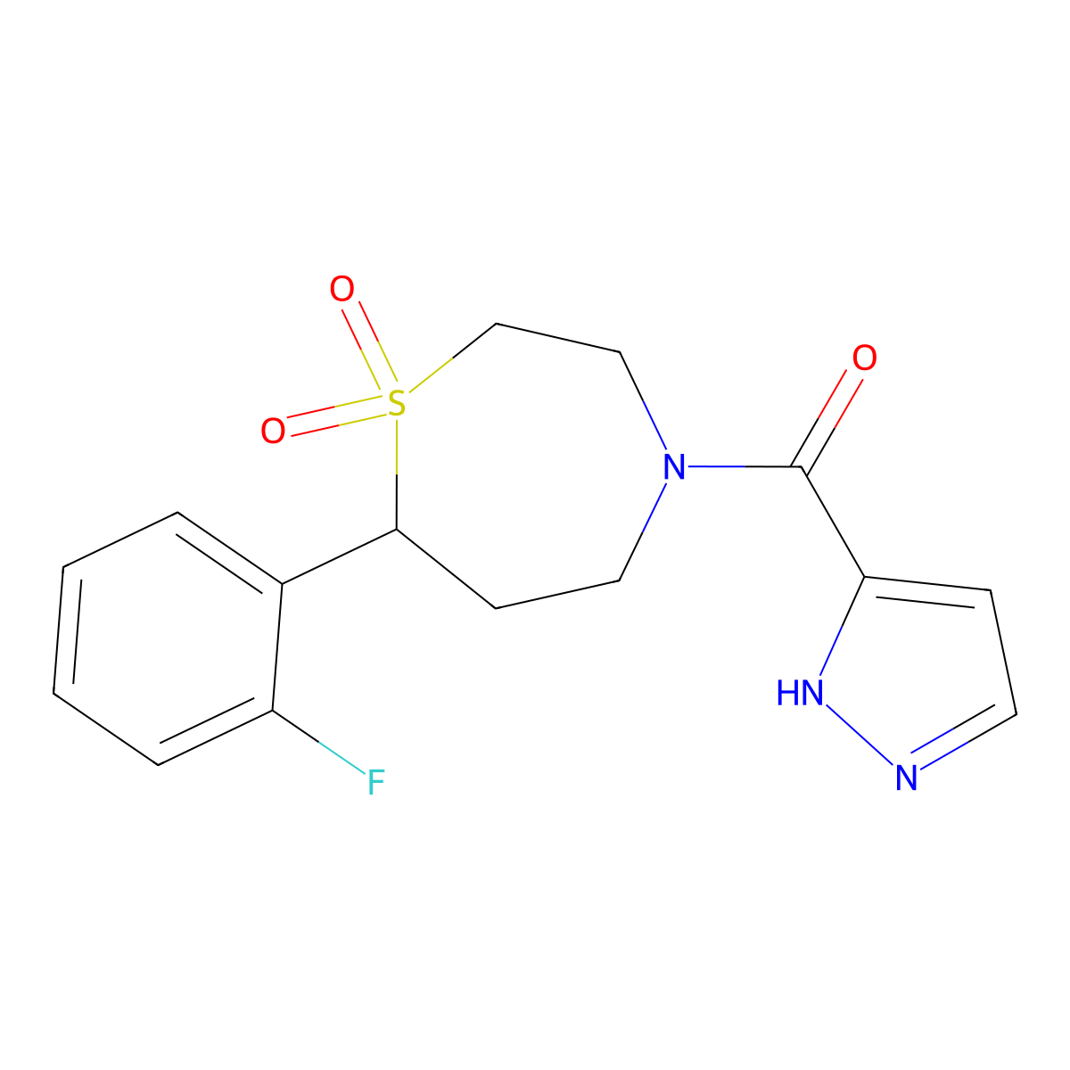 (7-(2-fluorophenyl)-1,1-dioxido-1,4-thiazepan-4-yl)(1H-pyrazol-3-yl)methanone molecular structure, CAS 2034329-58-1