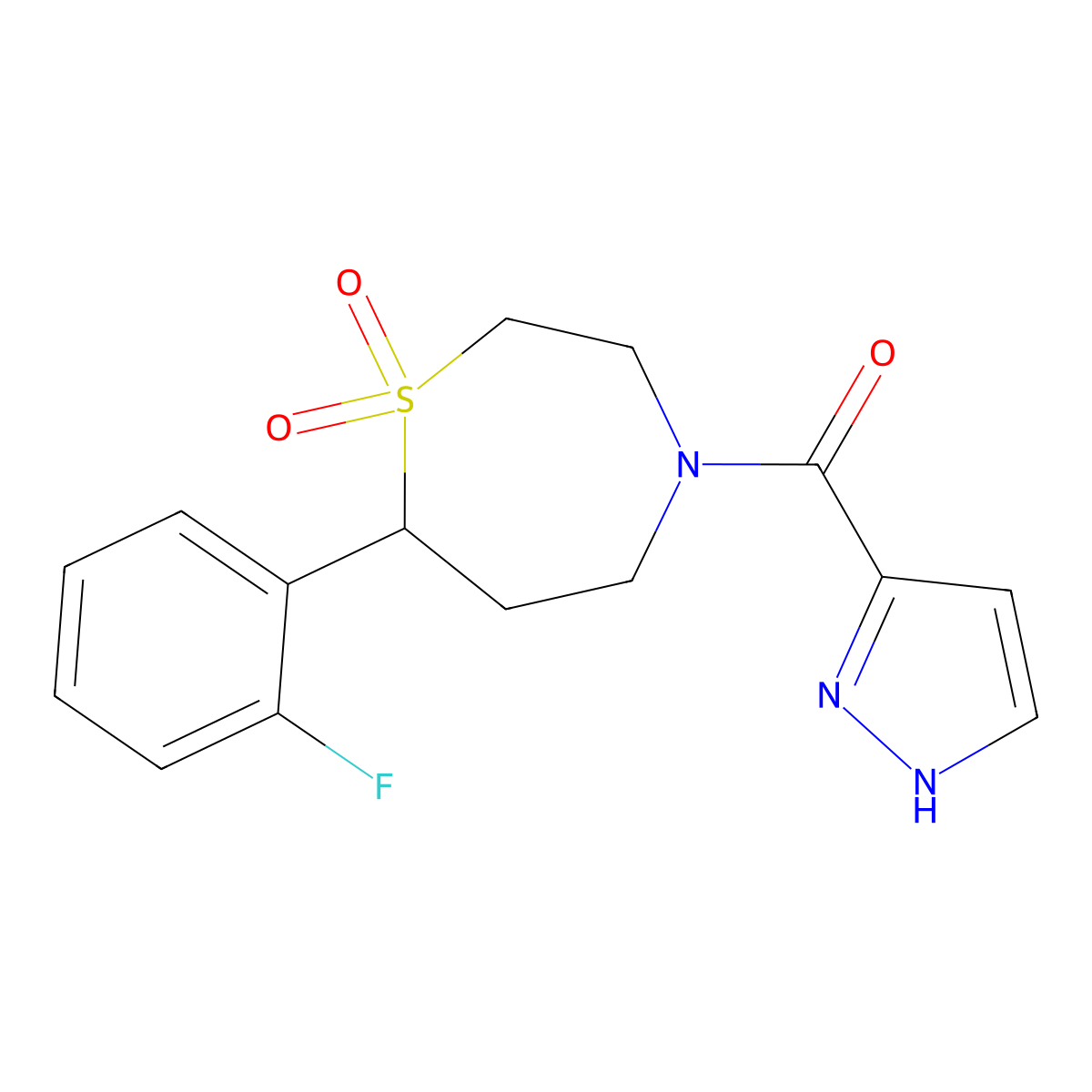 (7-(2-fluorophenyl)-1,1-dioxido-1,4-thiazepan-4-yl)(1H-pyrazol-3-yl)methanone molecular structure, CAS 2034329-58-1