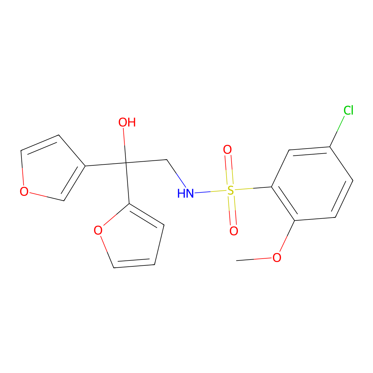 5-chloro-N-(2-(furan-2-yl)-2-(furan-3-yl)-2-hydroxyethyl)-2-methoxybenzenesulfonamide molecular structure, CAS 2034329-62-7