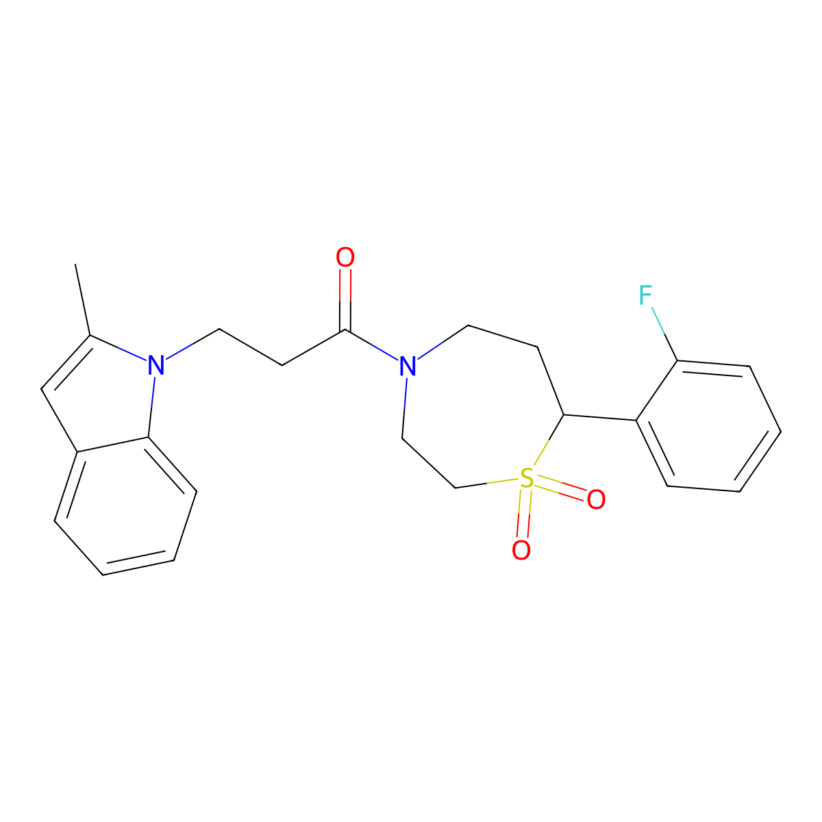 1-(7-(2-fluorophenyl)-1,1-dioxido-1,4-thiazepan-4-yl)-3-(2-methyl-1H-indol-1-yl)propan-1-one molecular structure, CAS 2034329-64-9