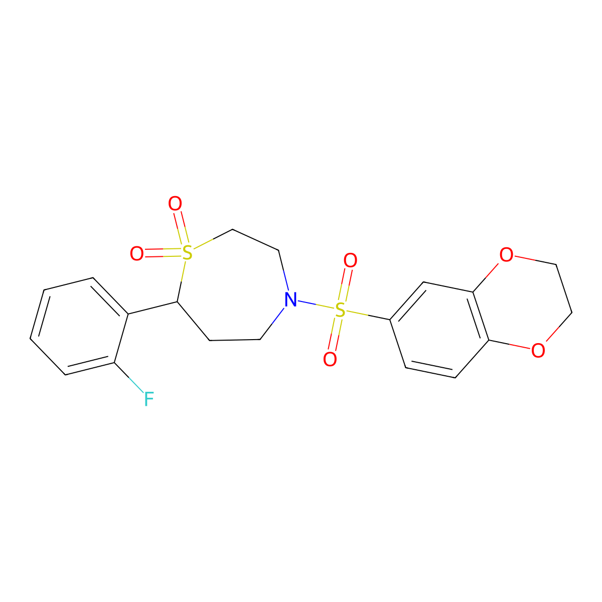 4-((2,3-Dihydrobenzo[b][1,4]dioxin-6-yl)sulfonyl)-7-(2-fluorophenyl)-1,4-thiazepane 1,1-dioxide molecular structure, CAS 2034329-73-0