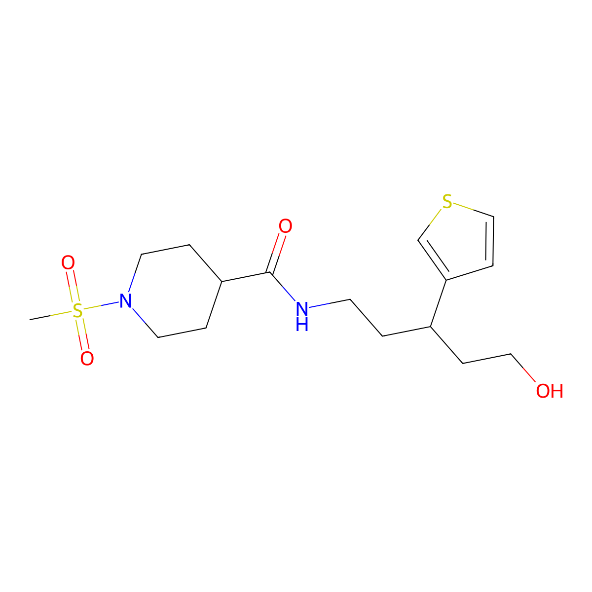 N-(5-hydroxy-3-(thiophen-3-yl)pentyl)-1-(methylsulfonyl)piperidine-4-carboxamide molecular structure, CAS 2034329-74-1