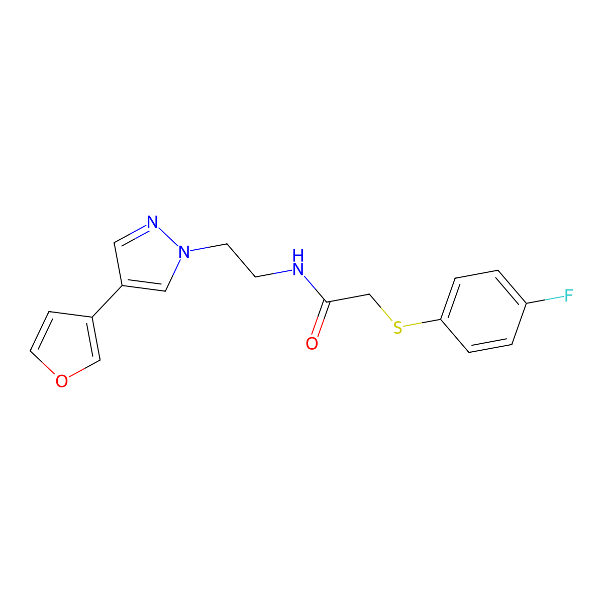 2-((4-fluorophenyl)thio)-N-(2-(4-(furan-3-yl)-1H-pyrazol-1-yl)ethyl)acetamide molecular structure, CAS 2034329-80-9