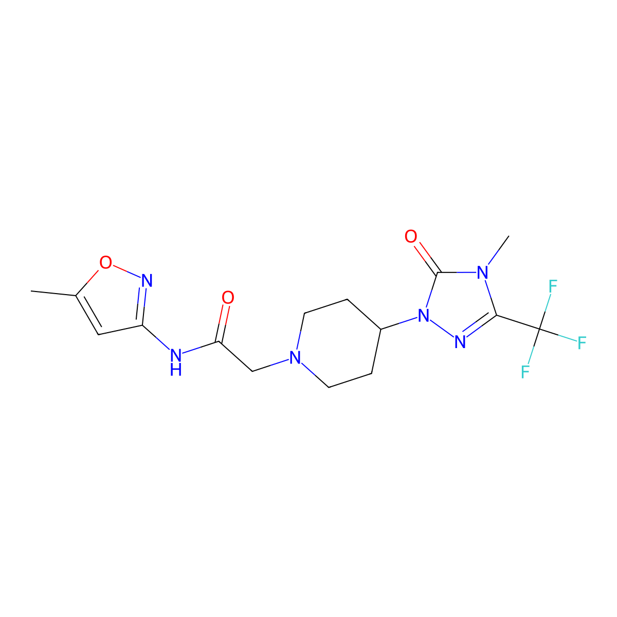 N-(5-methyl-1,2-oxazol-3-yl)-2-{4-[4-methyl-5-oxo-3-(trifluoromethyl)-4,5-dihydro-1H-1,2,4-triazol-1-yl]piperidin-1-yl}acetamide molecular structure, CAS 2034329-84-3