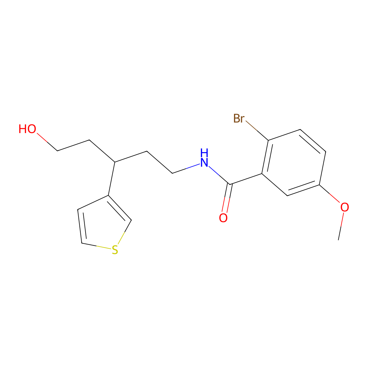 2-bromo-N-(5-hydroxy-3-(thiophen-3-yl)pentyl)-5-methoxybenzamide molecular structure, CAS 2034329-87-6