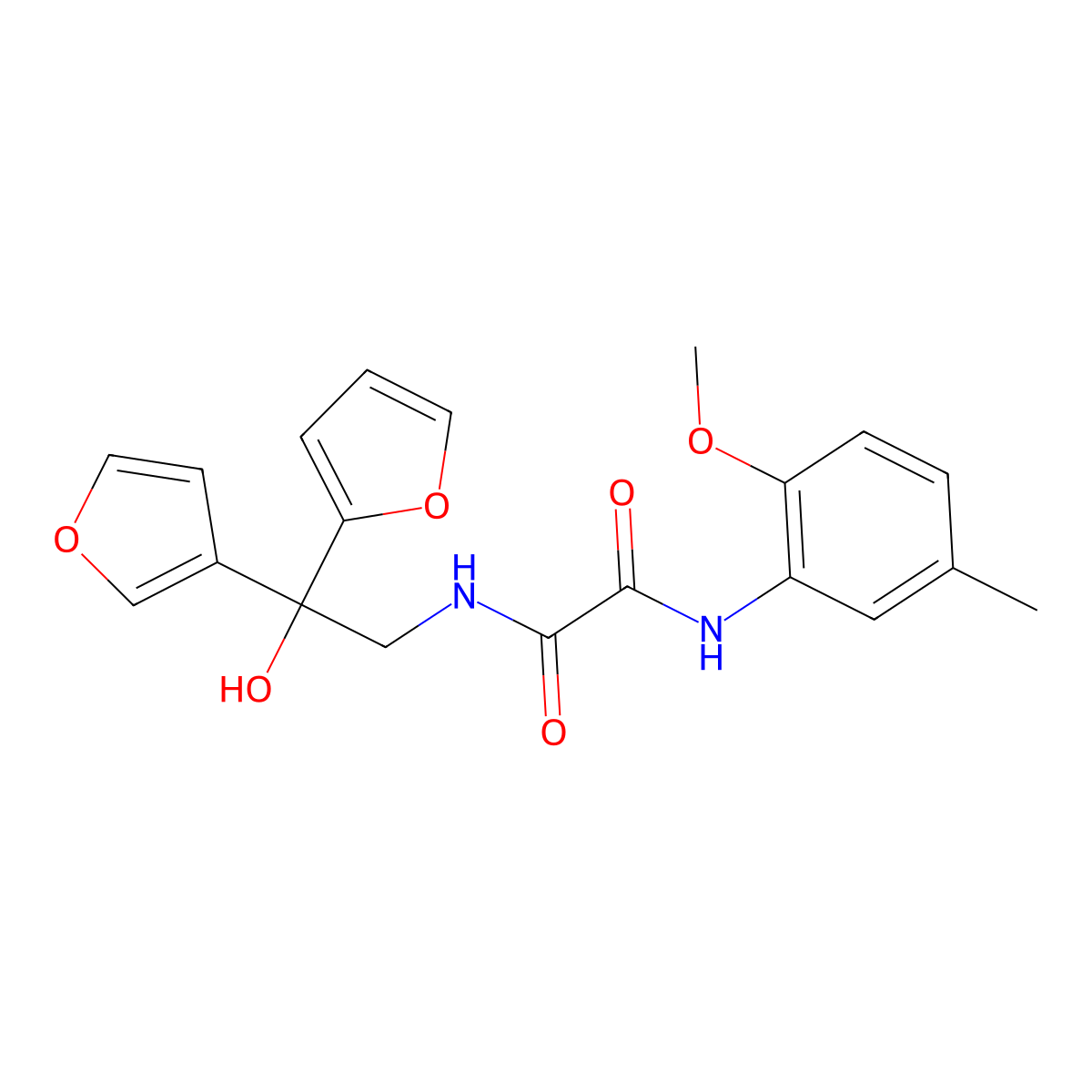 N1-(2-(furan-2-yl)-2-(furan-3-yl)-2-hydroxyethyl)-N2-(2-methoxy-5-methylphenyl)oxalamide molecular structure, CAS 2034330-00-0