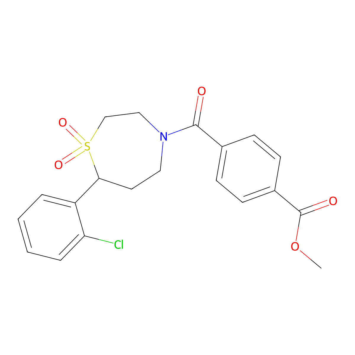 Methyl 4-(7-(2-chlorophenyl)-1,1-dioxido-1,4-thiazepane-4-carbonyl)benzoate molecular structure, CAS 2034330-05-5