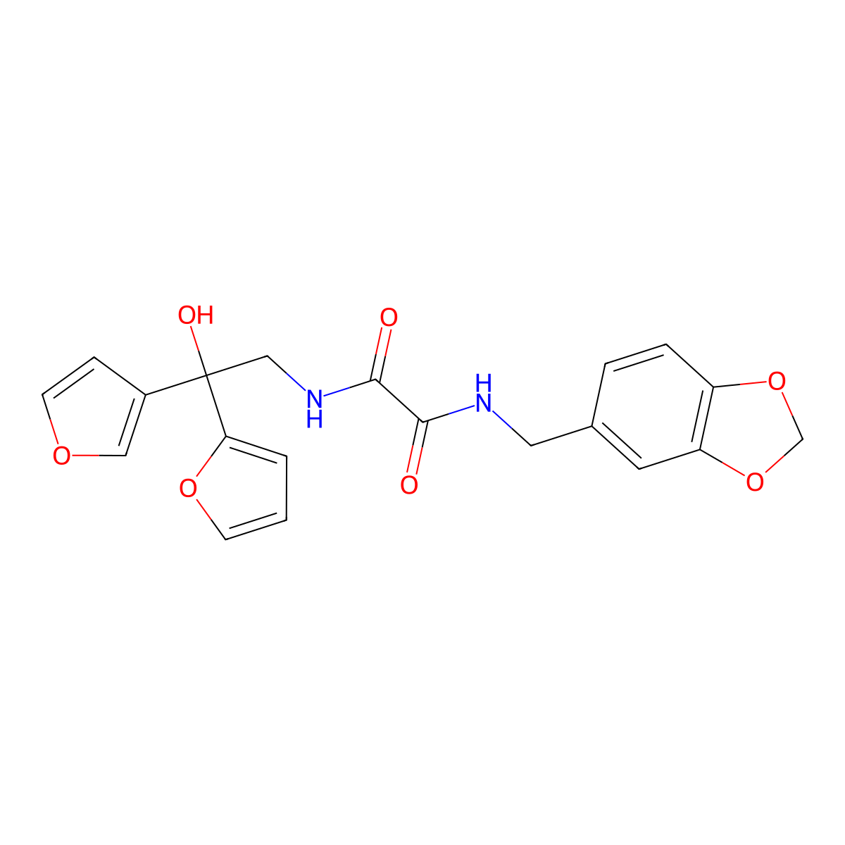 N1-(benzo[d][1,3]dioxol-5-ylmethyl)-N2-(2-(furan-2-yl)-2-(furan-3-yl)-2-hydroxyethyl)oxalamide molecular structure, CAS 2034330-09-9