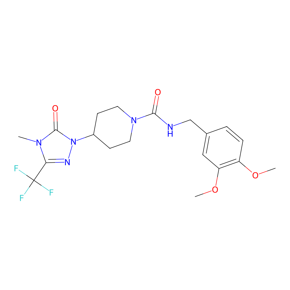 N-[(3,4-dimethoxyphenyl)methyl]-4-[4-methyl-5-oxo-3-(trifluoromethyl)-4,5-dihydro-1H-1,2,4-triazol-1-yl]piperidine-1-carboxamide molecular structure, CAS 2034330-15-7