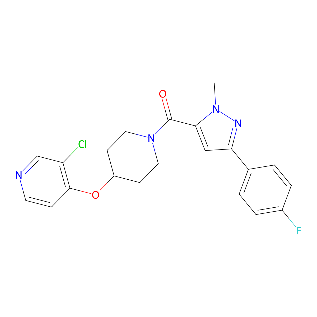 (4-((3-chloropyridin-4-yl)oxy)piperidin-1-yl)(3-(4-fluorophenyl)-1-methyl-1H-pyrazol-5-yl)methanone molecular structure, CAS 2034330-47-5