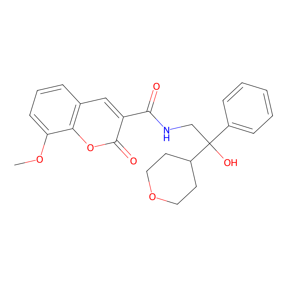 N-(2-hydroxy-2-phenyl-2-(tetrahydro-2H-pyran-4-yl)ethyl)-8-methoxy-2-oxo-2H-chromene-3-carboxamide molecular structure, CAS 2034330-49-7