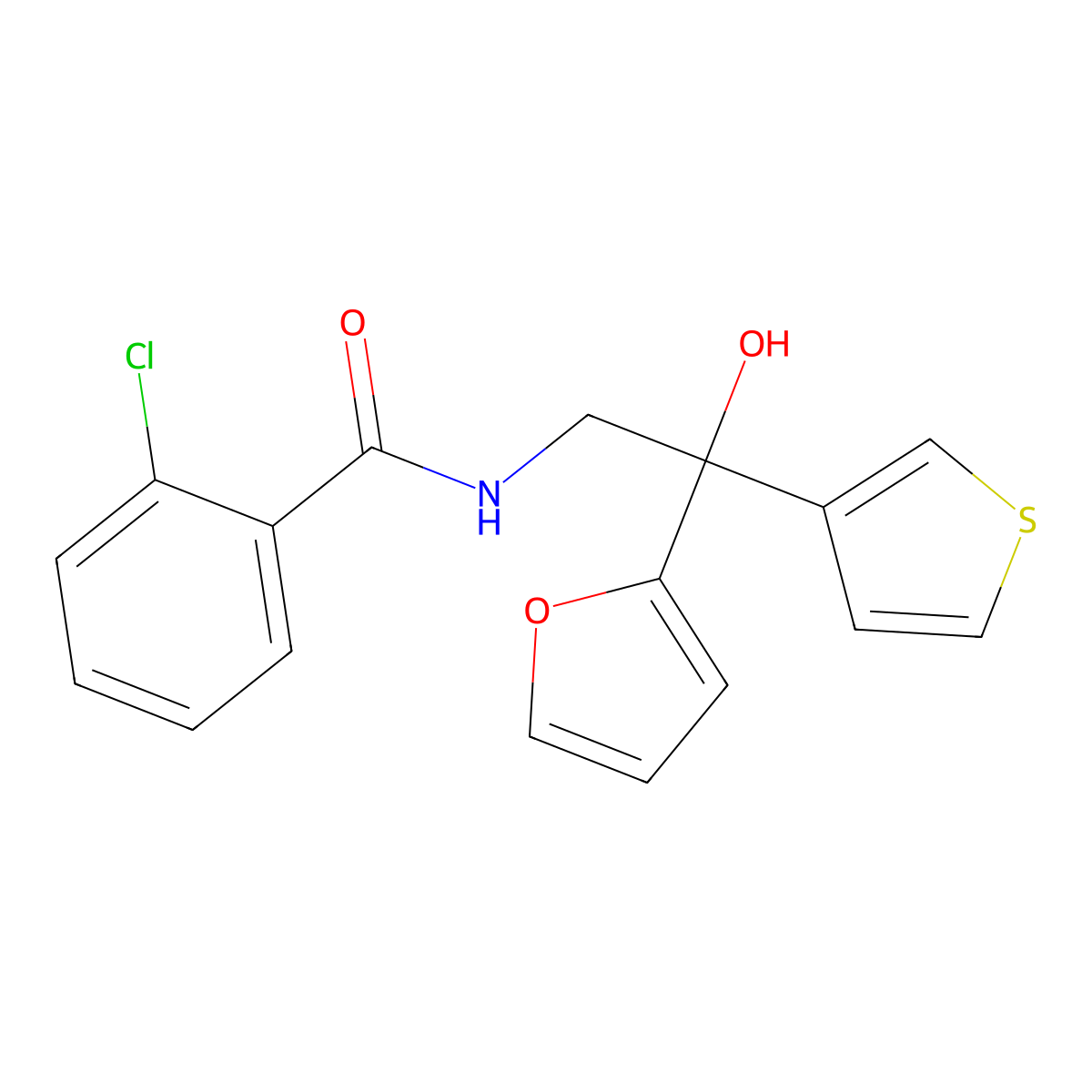 2-chloro-N-(2-(furan-2-yl)-2-hydroxy-2-(thiophen-3-yl)ethyl)benzamide molecular structure, CAS 2034330-55-5