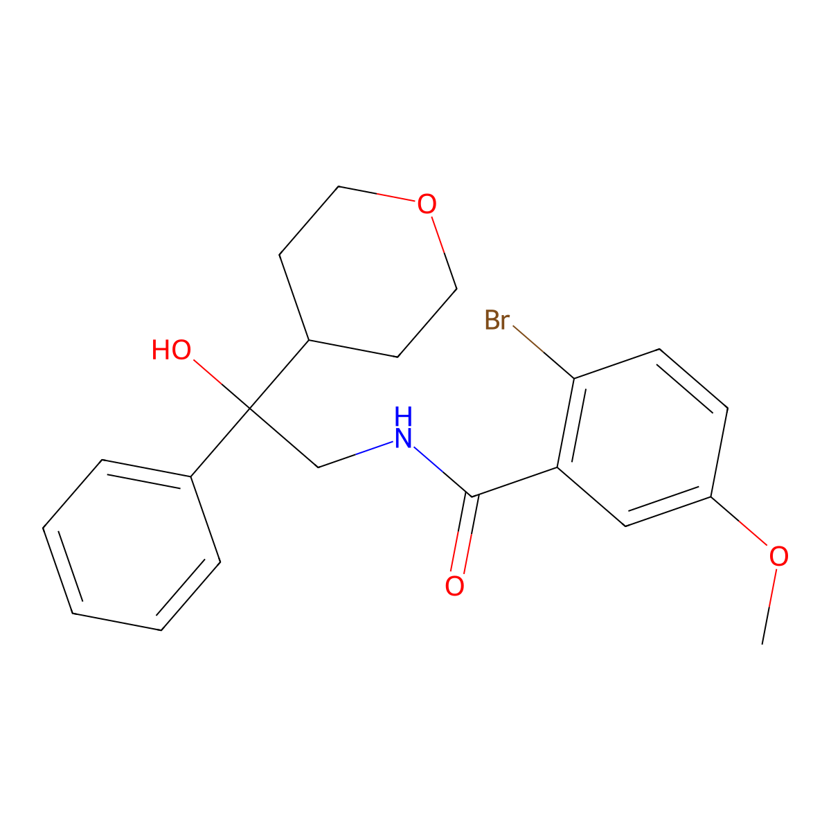 2-bromo-N-(2-hydroxy-2-phenyl-2-(tetrahydro-2H-pyran-4-yl)ethyl)-5-methoxybenzamide molecular structure, CAS 2034330-57-7