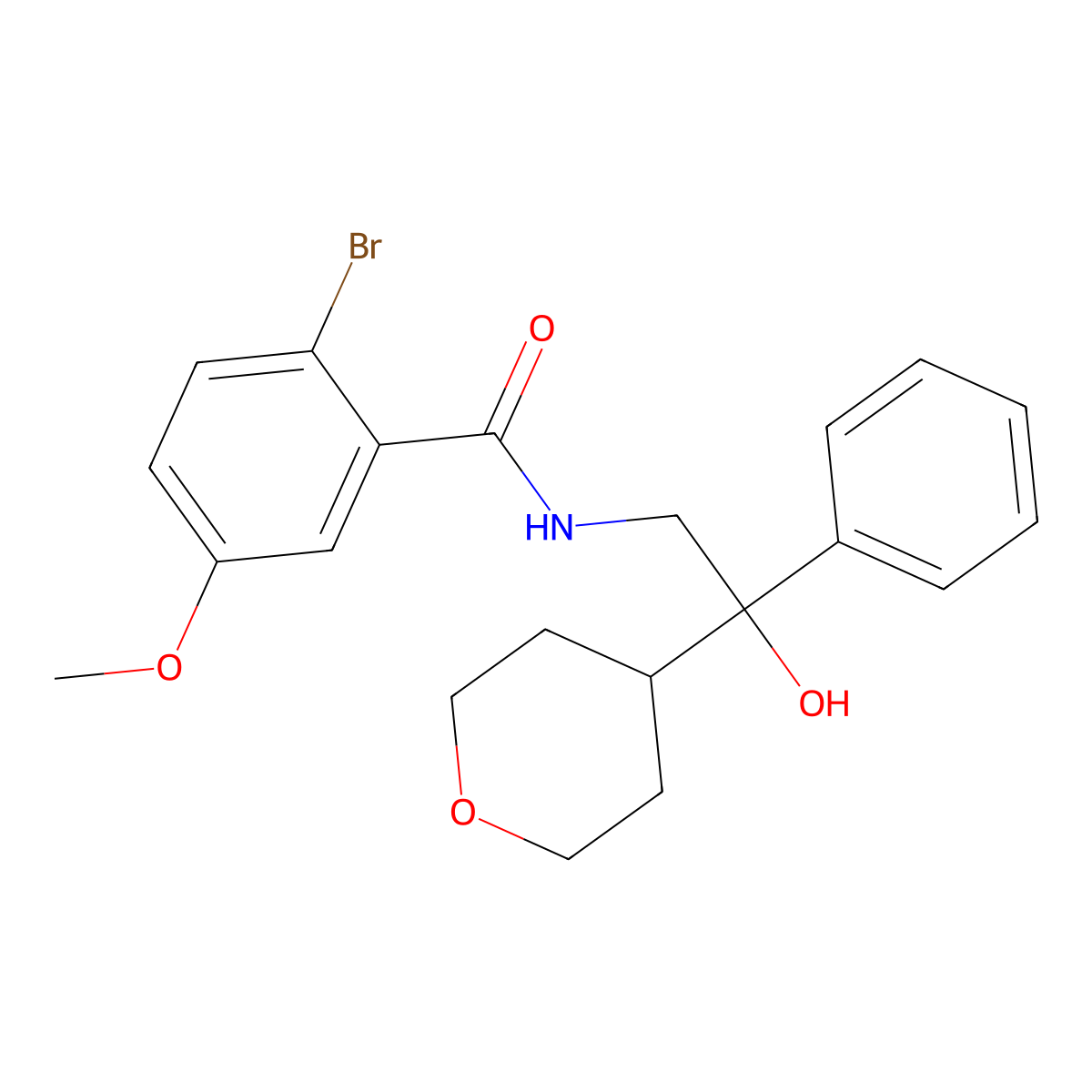 2-bromo-N-(2-hydroxy-2-phenyl-2-(tetrahydro-2H-pyran-4-yl)ethyl)-5-methoxybenzamide molecular structure, CAS 2034330-57-7