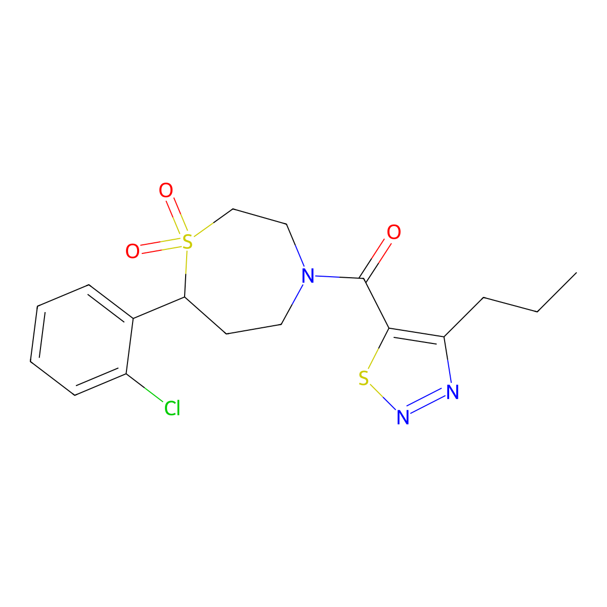 (7-(2-Chlorophenyl)-1,1-dioxido-1,4-thiazepan-4-yl)(4-propyl-1,2,3-thiadiazol-5-yl)methanone molecular structure, CAS 2034330-67-9