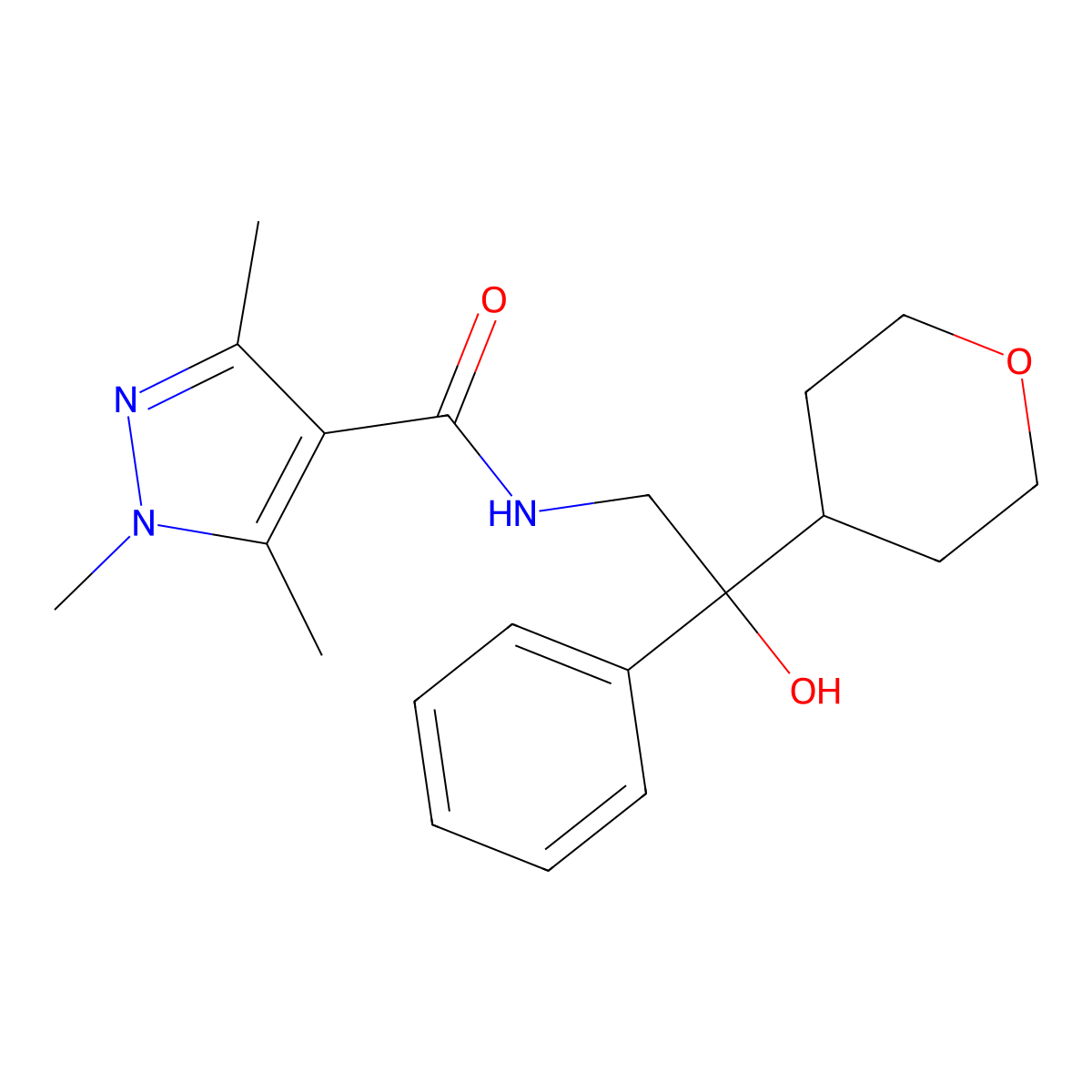 N-(2-hydroxy-2-phenyl-2-(tetrahydro-2H-pyran-4-yl)ethyl)-1,3,5-trimethyl-1H-pyrazole-4-carboxamide molecular structure, CAS 2034330-75-9