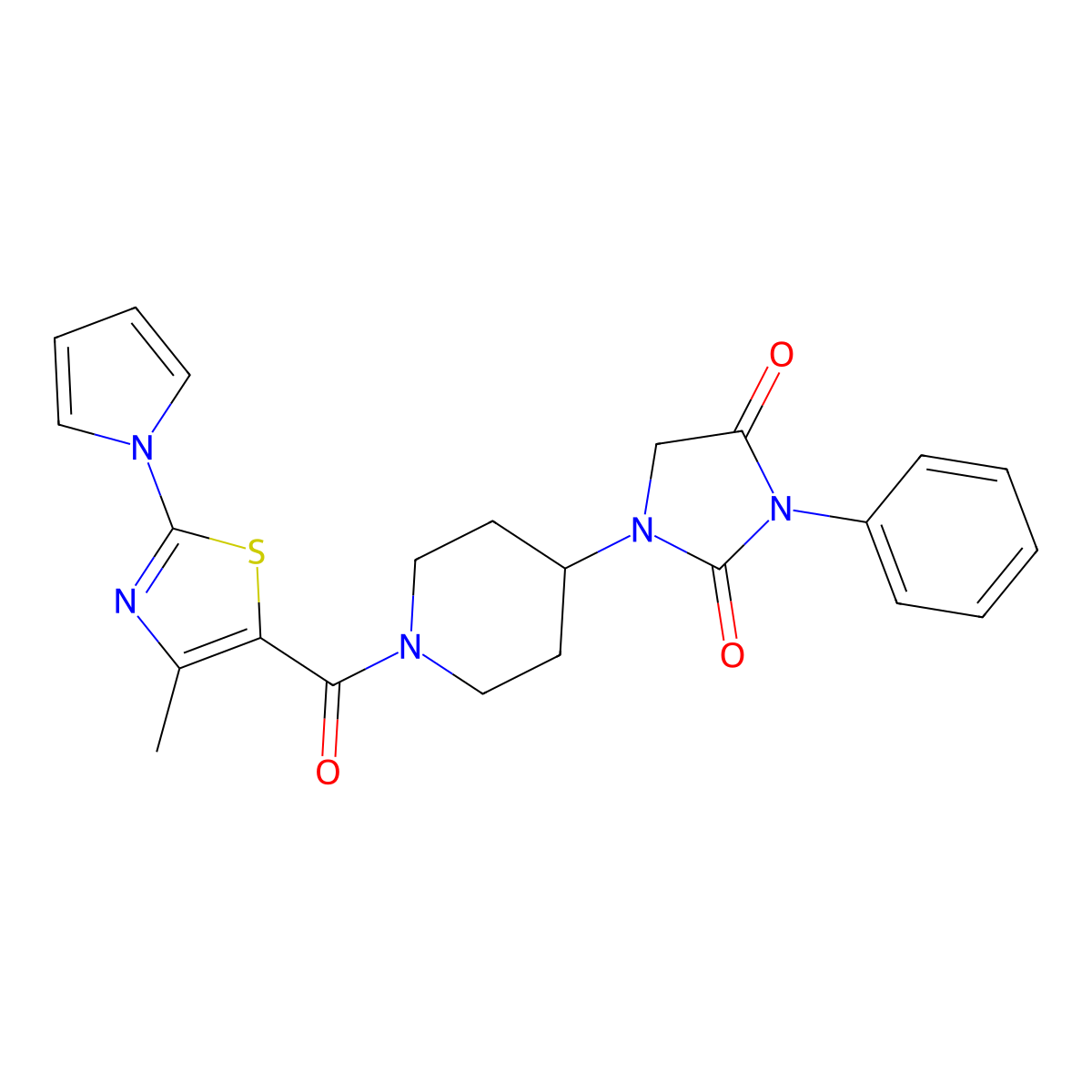 1-(1-(4-methyl-2-(1H-pyrrol-1-yl)thiazole-5-carbonyl)piperidin-4-yl)-3-phenylimidazolidine-2,4-dione molecular structure, CAS 2034330-76-0